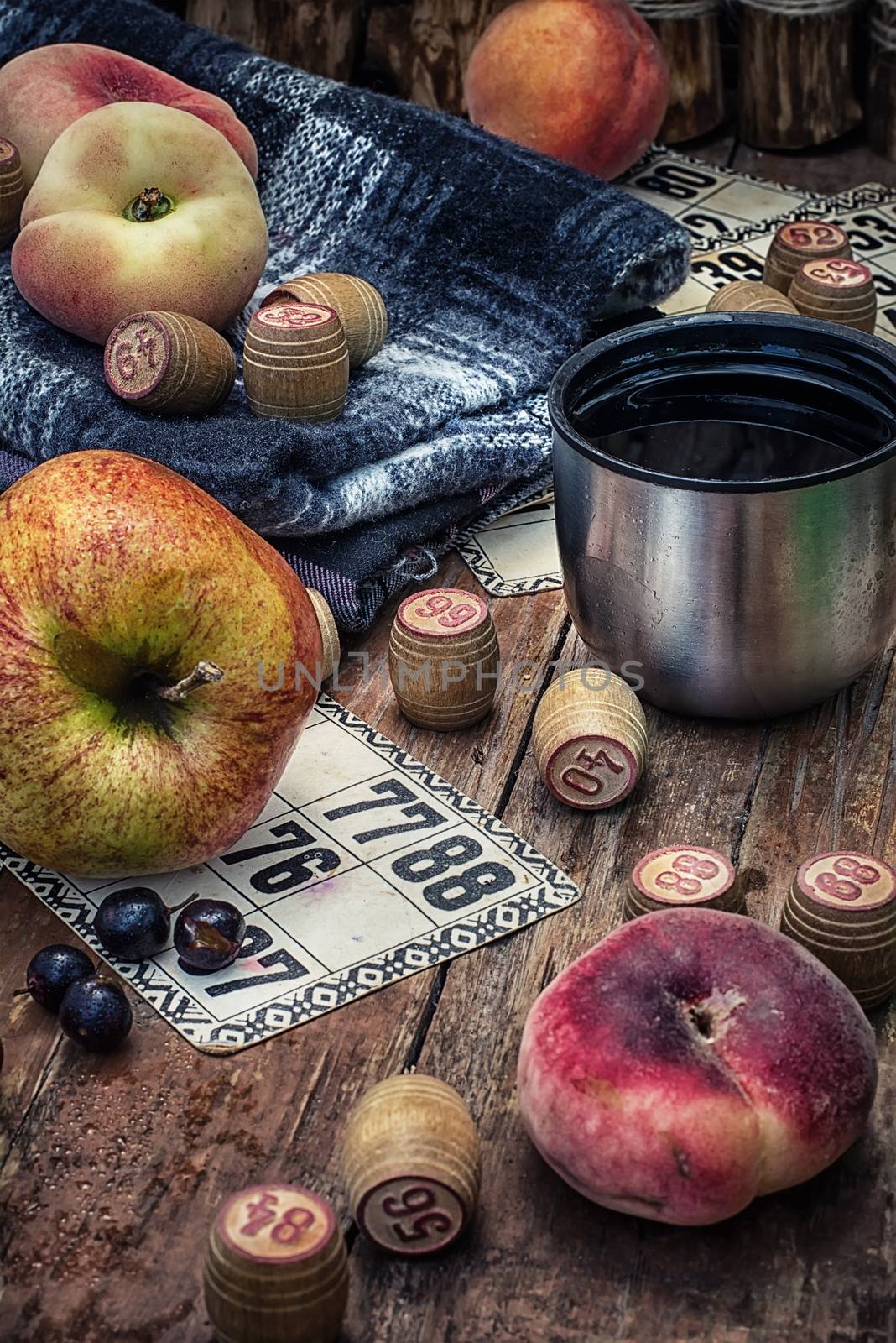 Accessories picnic consisting of peaches,apples and lotto games.Photo tinted.Selective focus