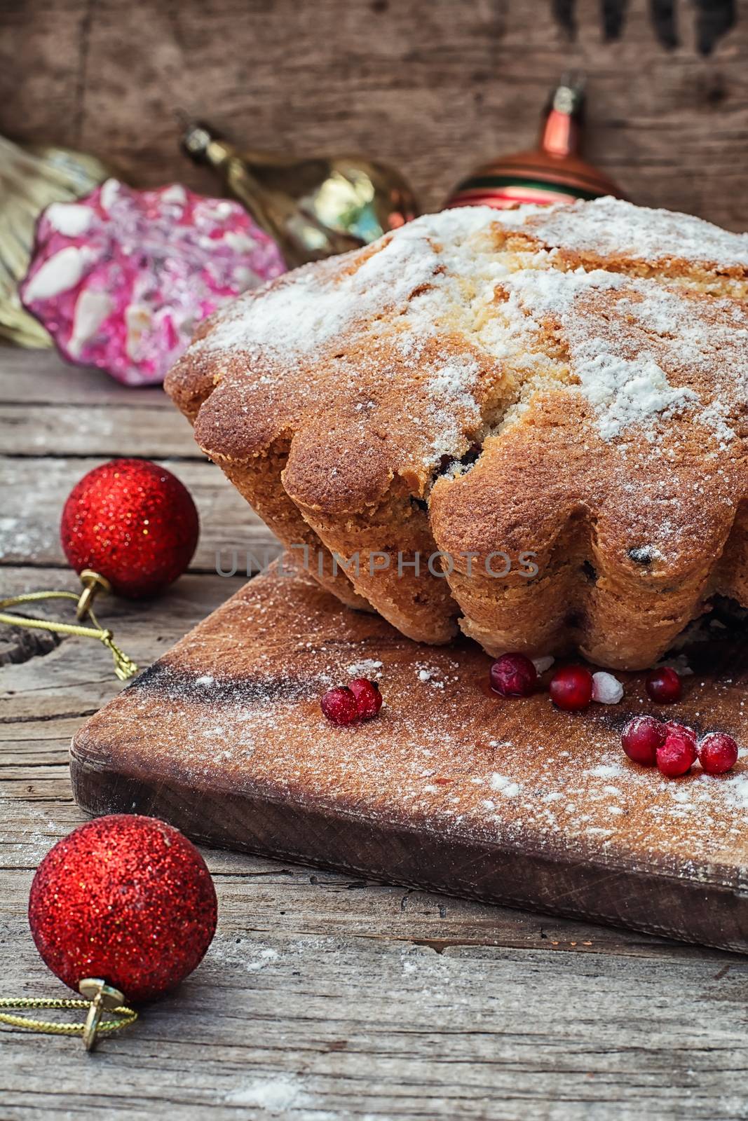 Baked homemade dessert for Christmas in the background decorations.Photo tinted.Selective focus