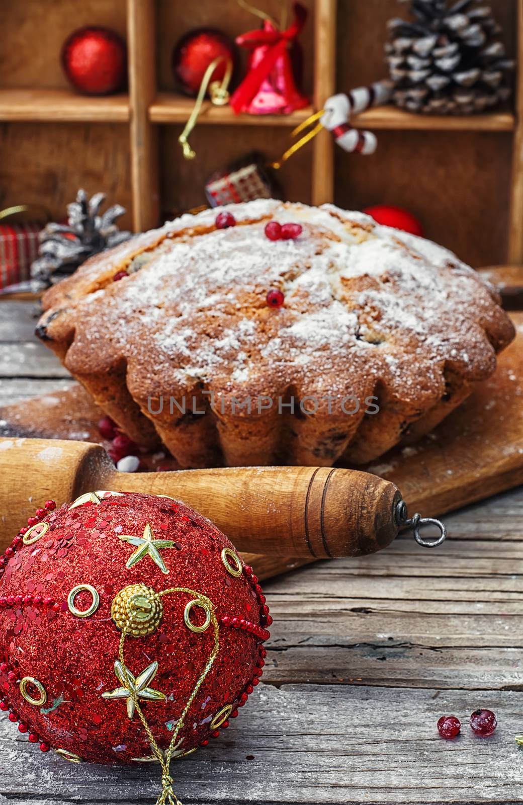 Baked homemade dessert for Christmas in the background decorations.Photo tinted.Selective focus