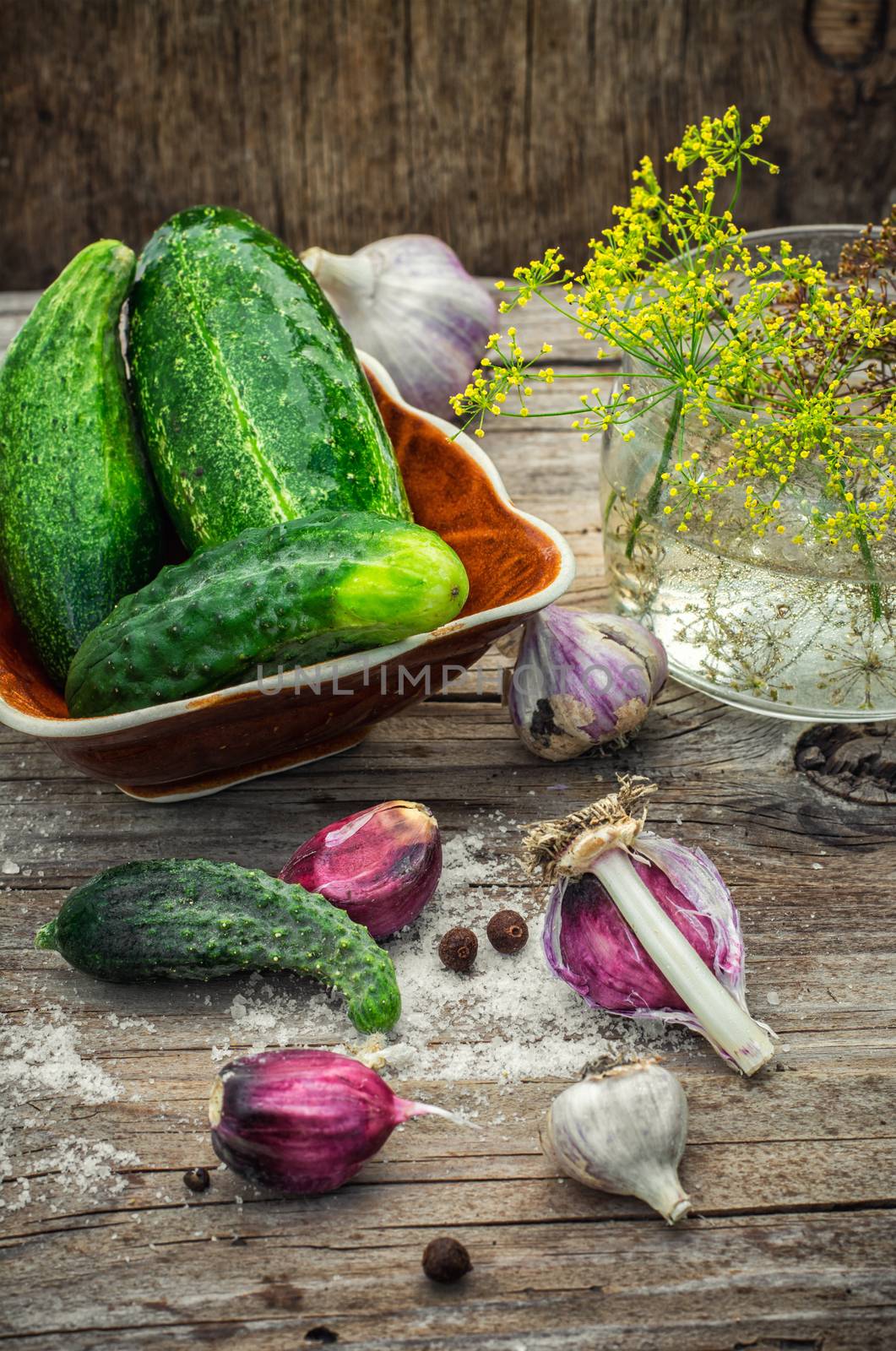 Cucumber pickled with dill and garlic on wooden table.Photo tinted.