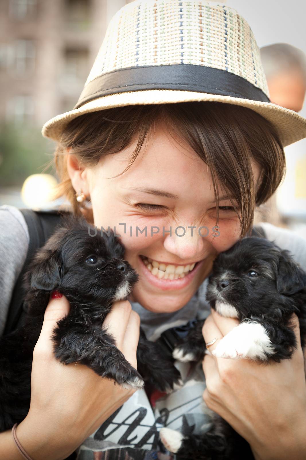 the young beautiful woman in a hat holds two little puppies in hand