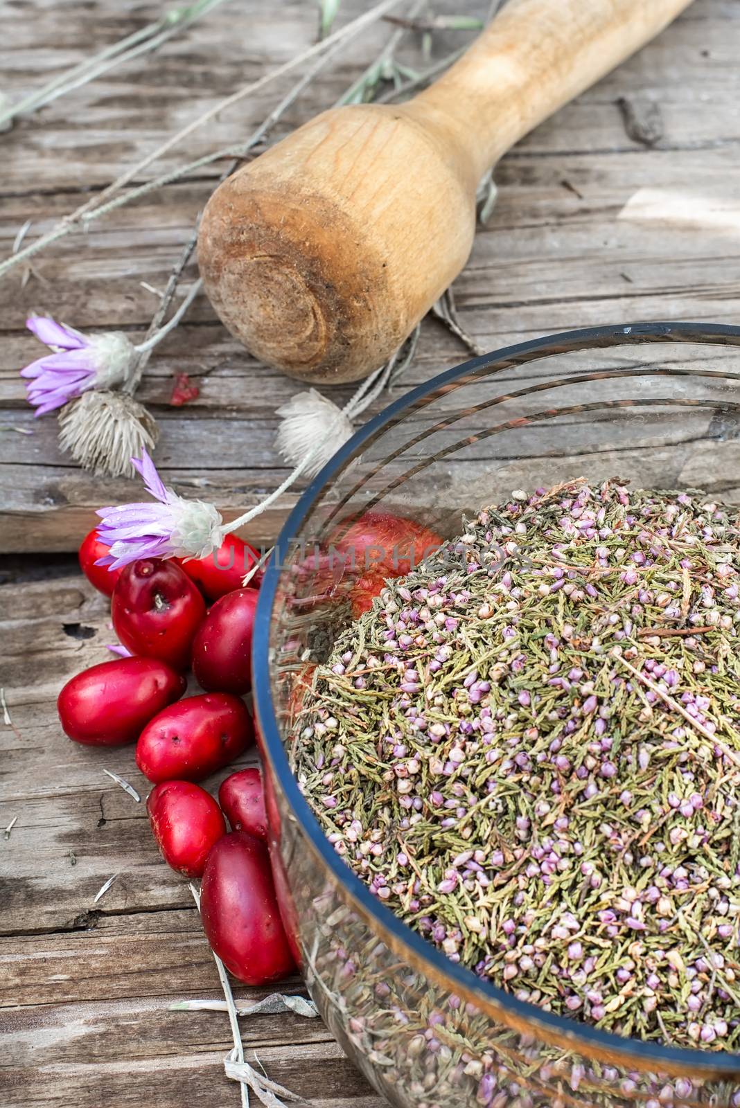 scattered medicinal Cornel berries and bowl of seeds of Heather on wooden table