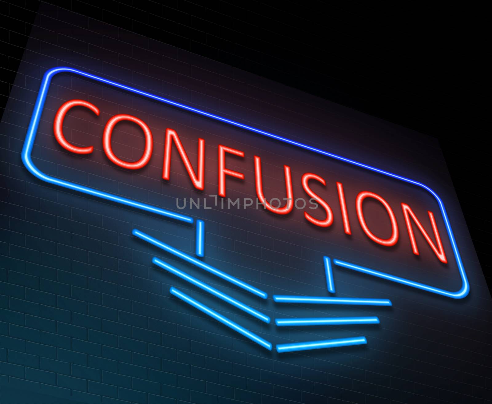 Illustration depicting an illuminated neon sign with a confusion concept.