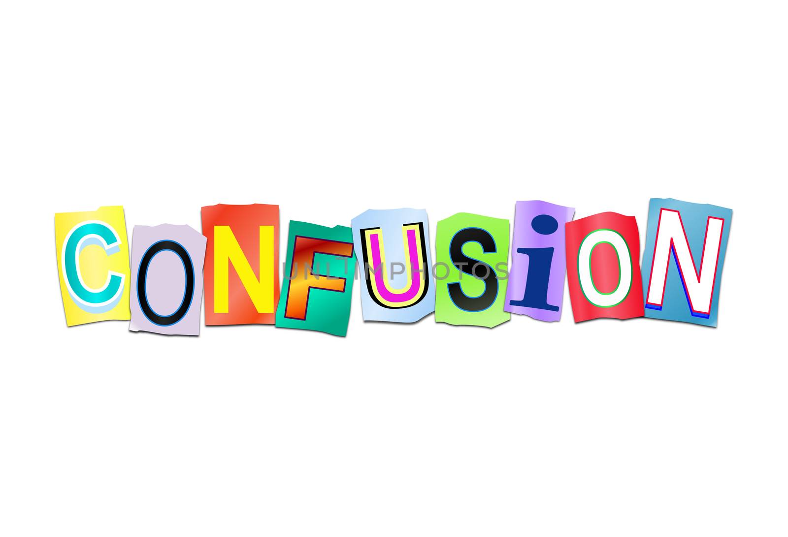 Illustration depicting a set of cut out printed letters arranged to form the word confusion.