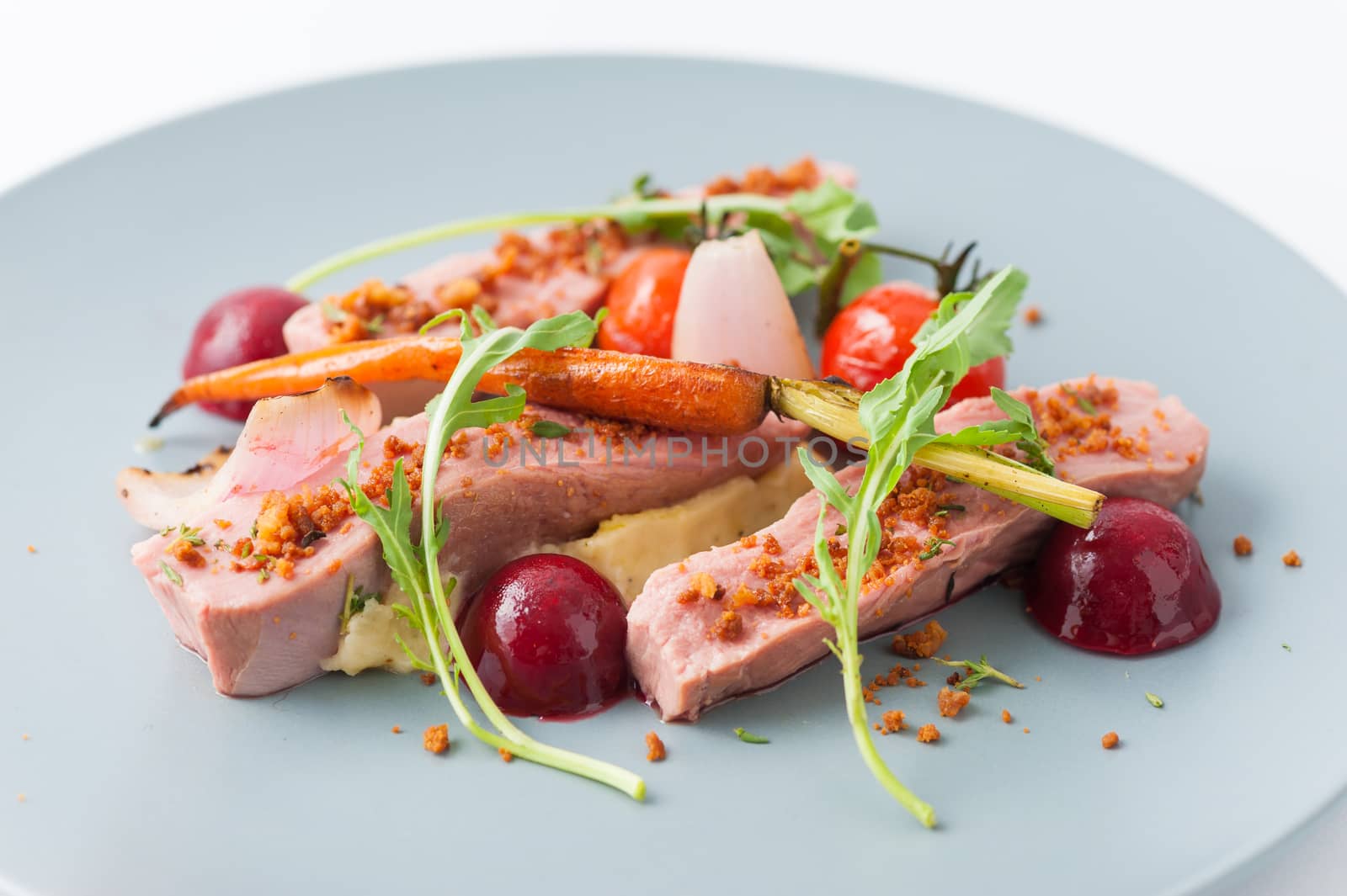 Roasted duck breast in modern cuisine style with vegetable and herbs