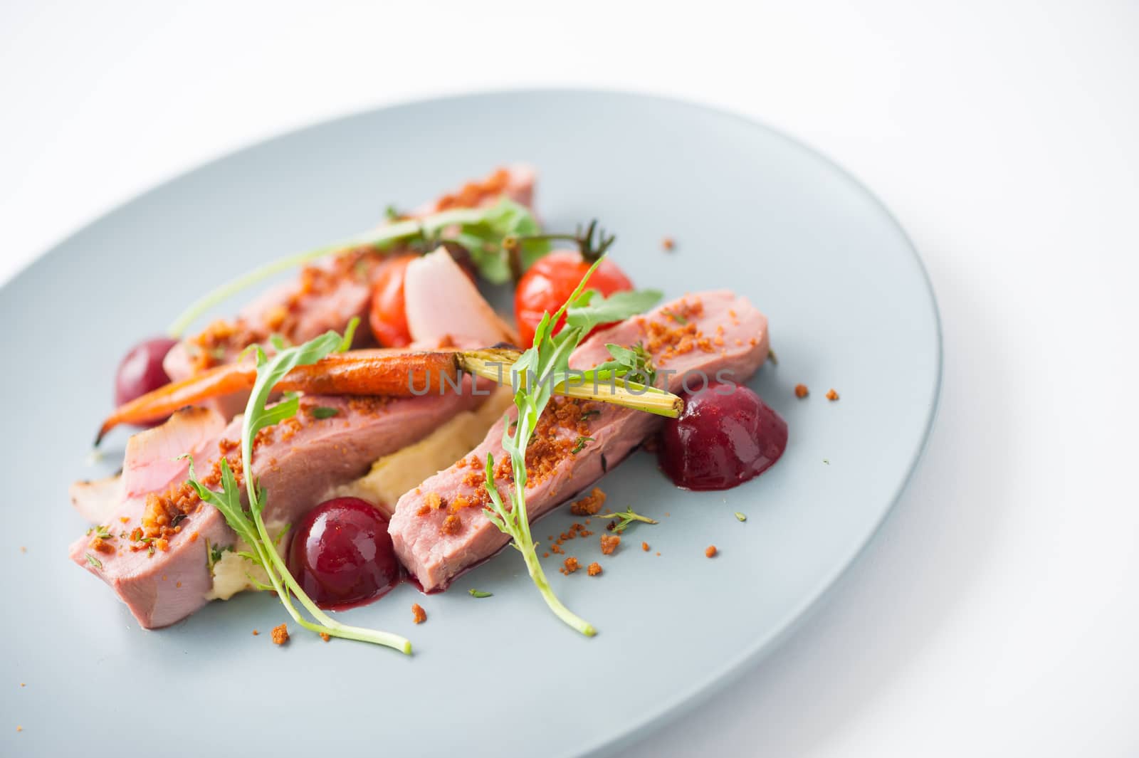 Roasted duck breast in modern cuisine style with vegetable and herbs