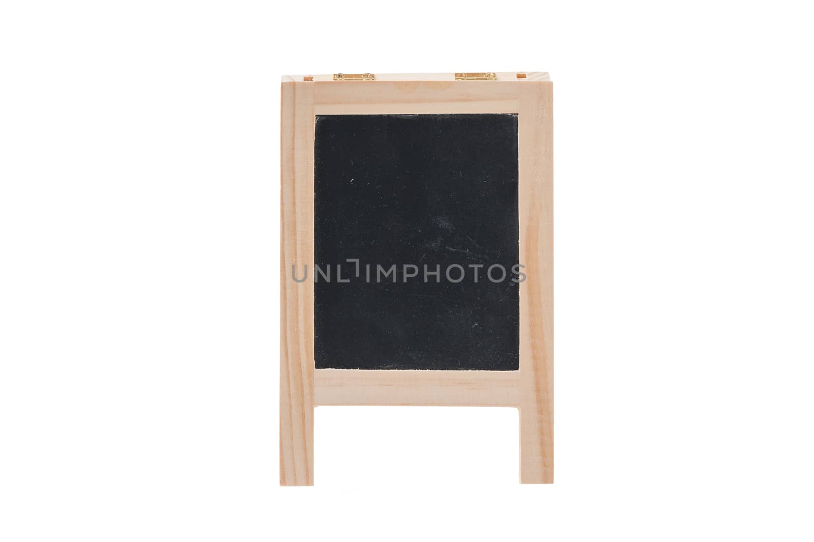 The front view of small A-frame blackboard with blank area for text or message isolated on white background with clipping path