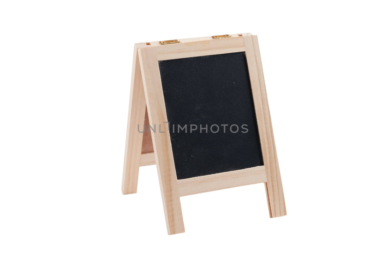 The front-side view of small A-frame blackboard with blank area for text or message isolated on white background with clipping path