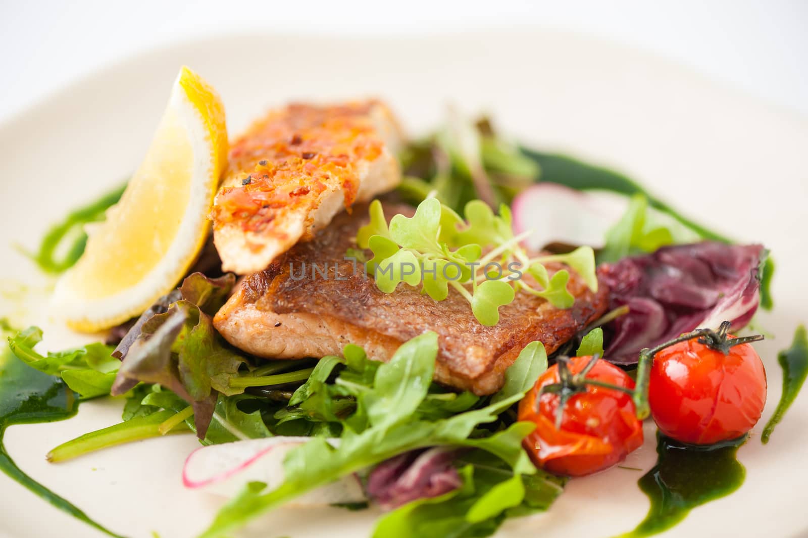Modern style clean food, grilled salmon with toast and salad dressed with green sauce