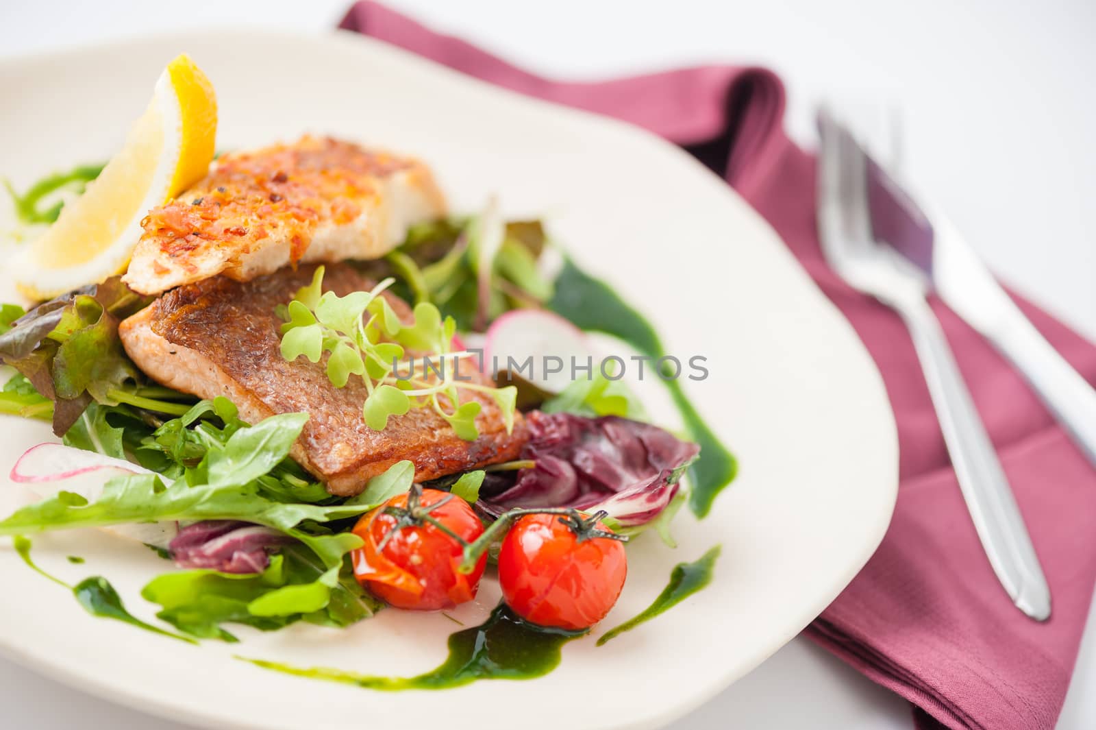 Modern style clean food, grilled salmon with toast and salad dressed with green sauce