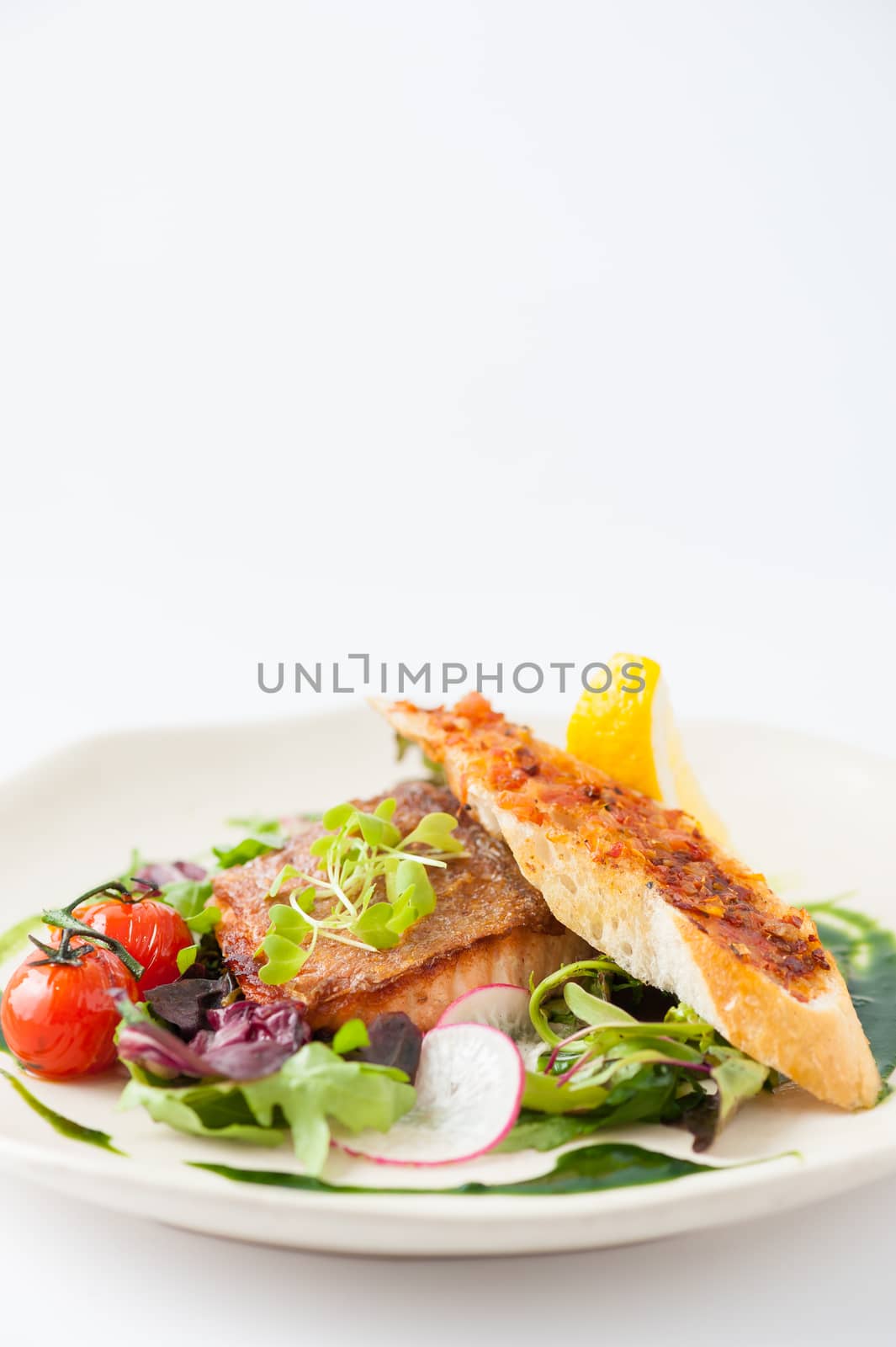 Modern style clean food, grilled salmon with toast and salad dressed with green sauce