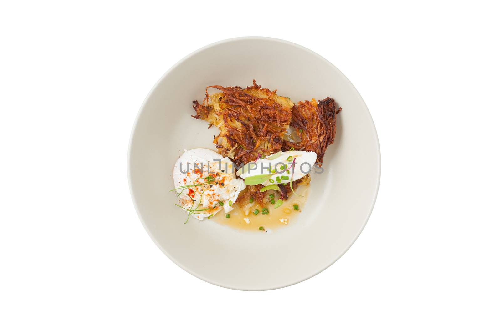Hash brown with Halloumi cheese and savory dressing isolated on white background with clipping path
