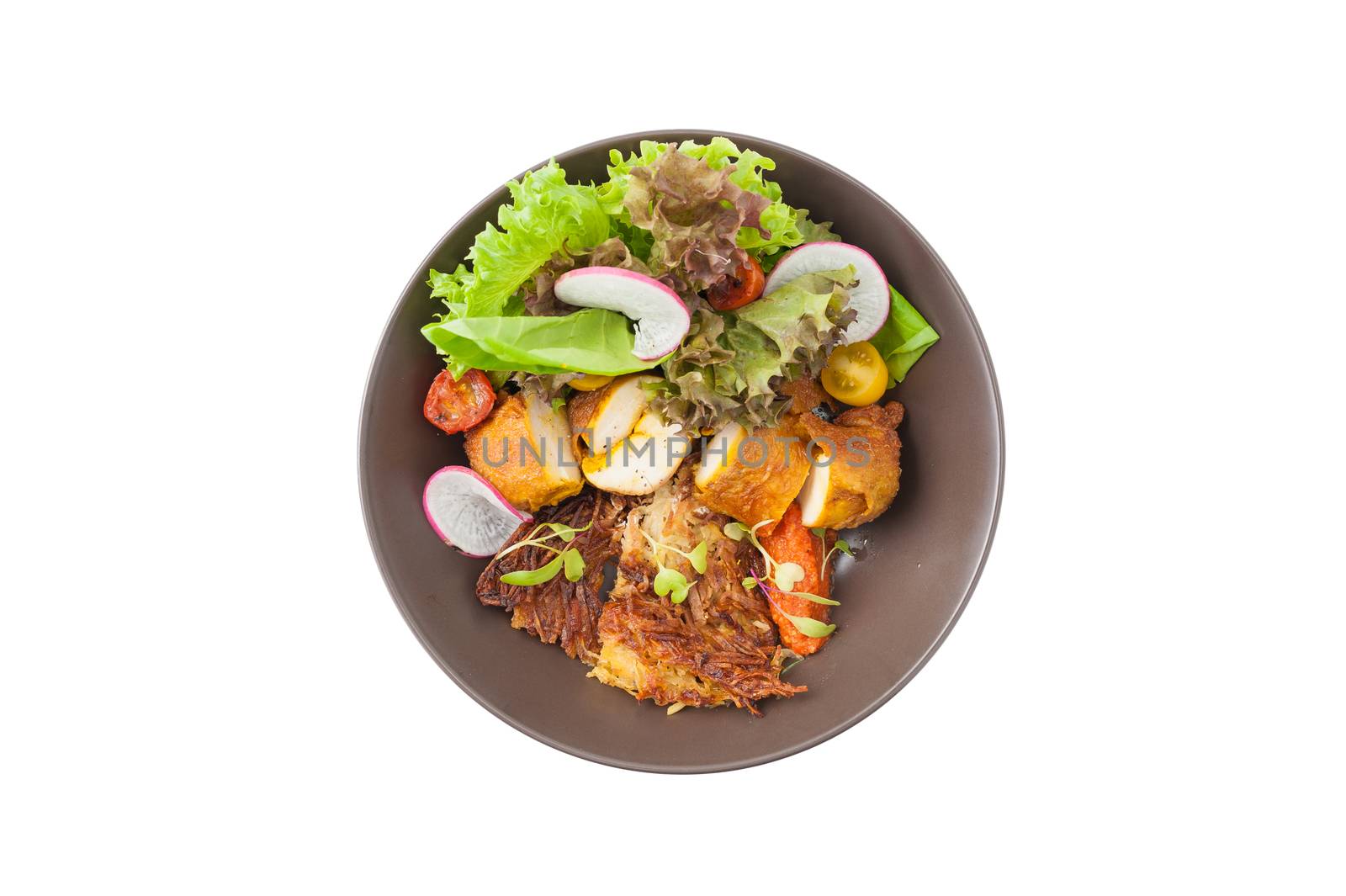 Chicken breast wrapped with vegetables and hash brown in clean food concept isolated on white background with clipping path