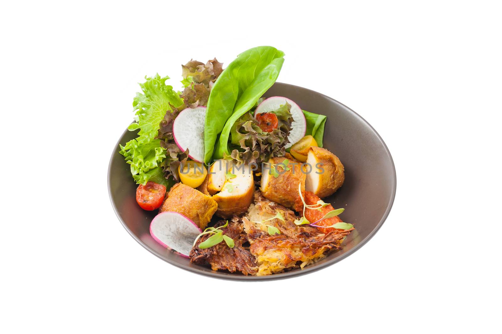 Chicken breast wrapped with vegetables and hash brown in clean food concept isolated on white background with clipping path