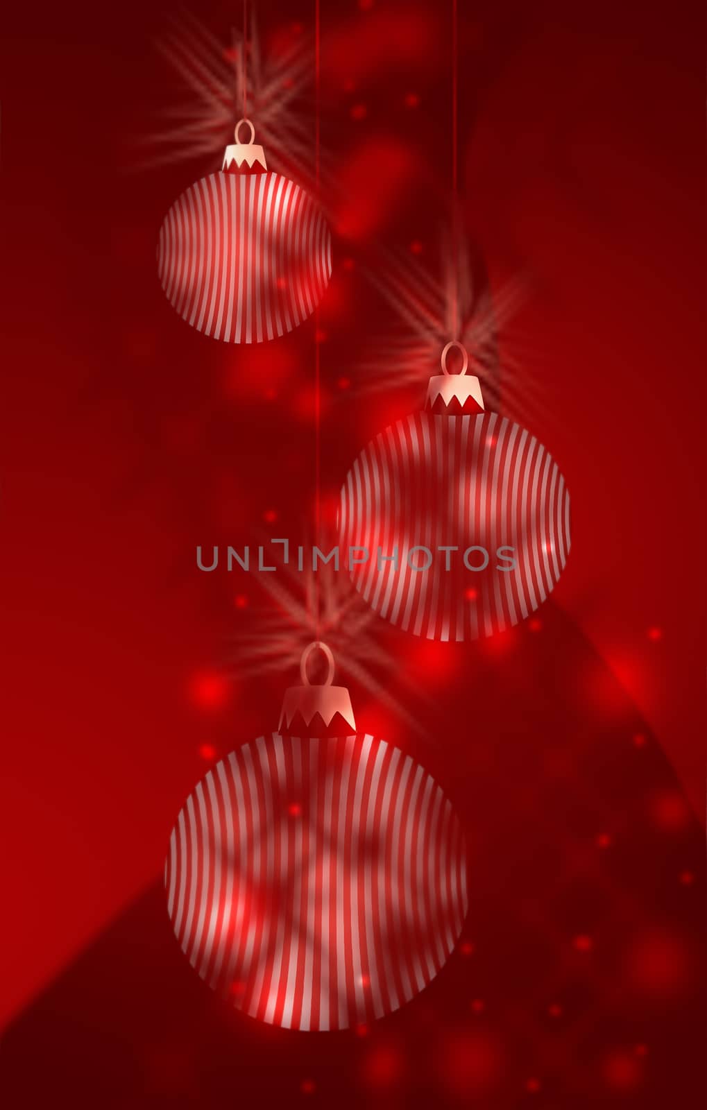 Three Red and White Striped Bauble Decorations hanging in christmas themed background image