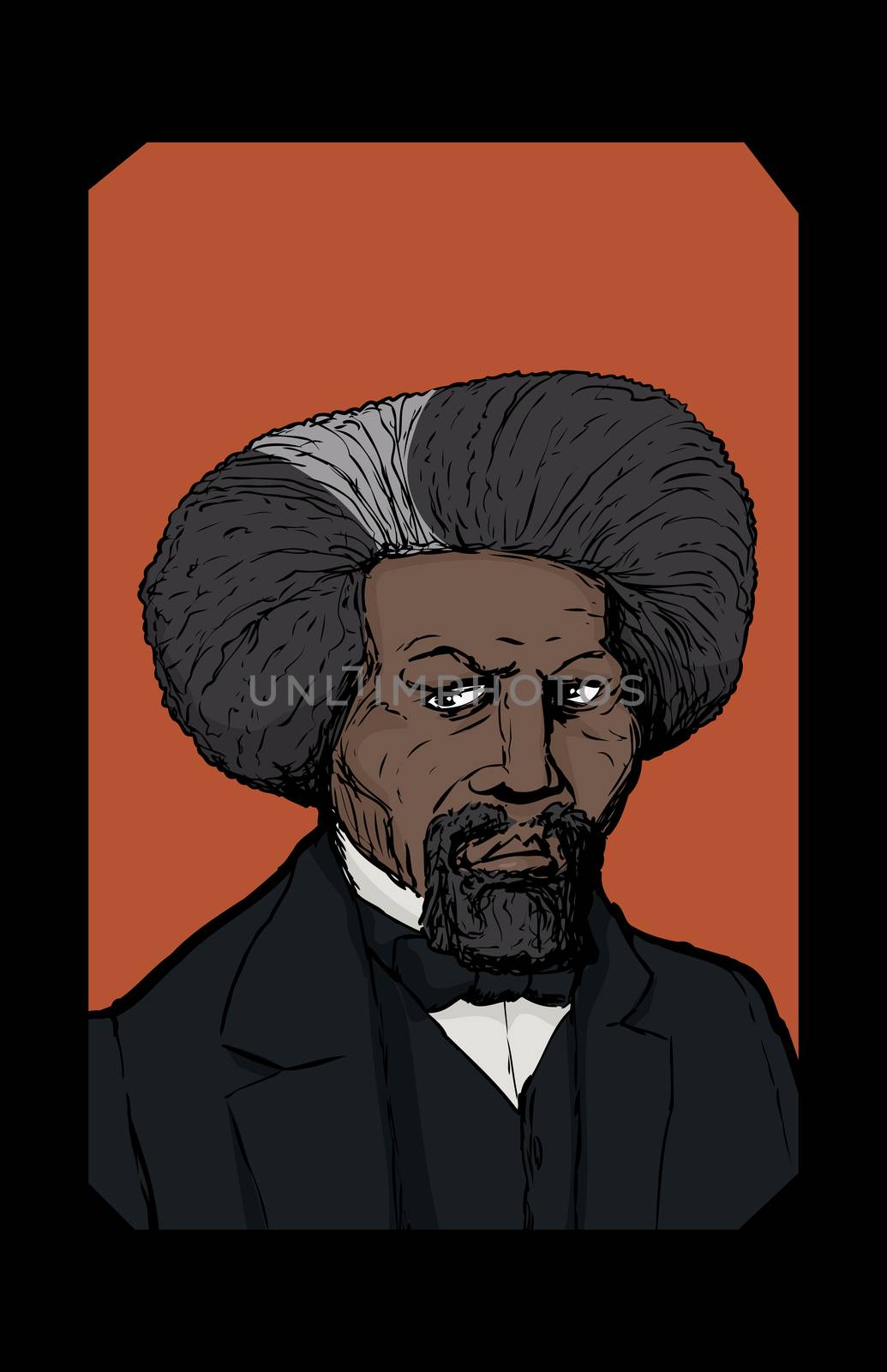 Color sketch portrait of famous African American leader named Frederick Douglass in frame over orange background