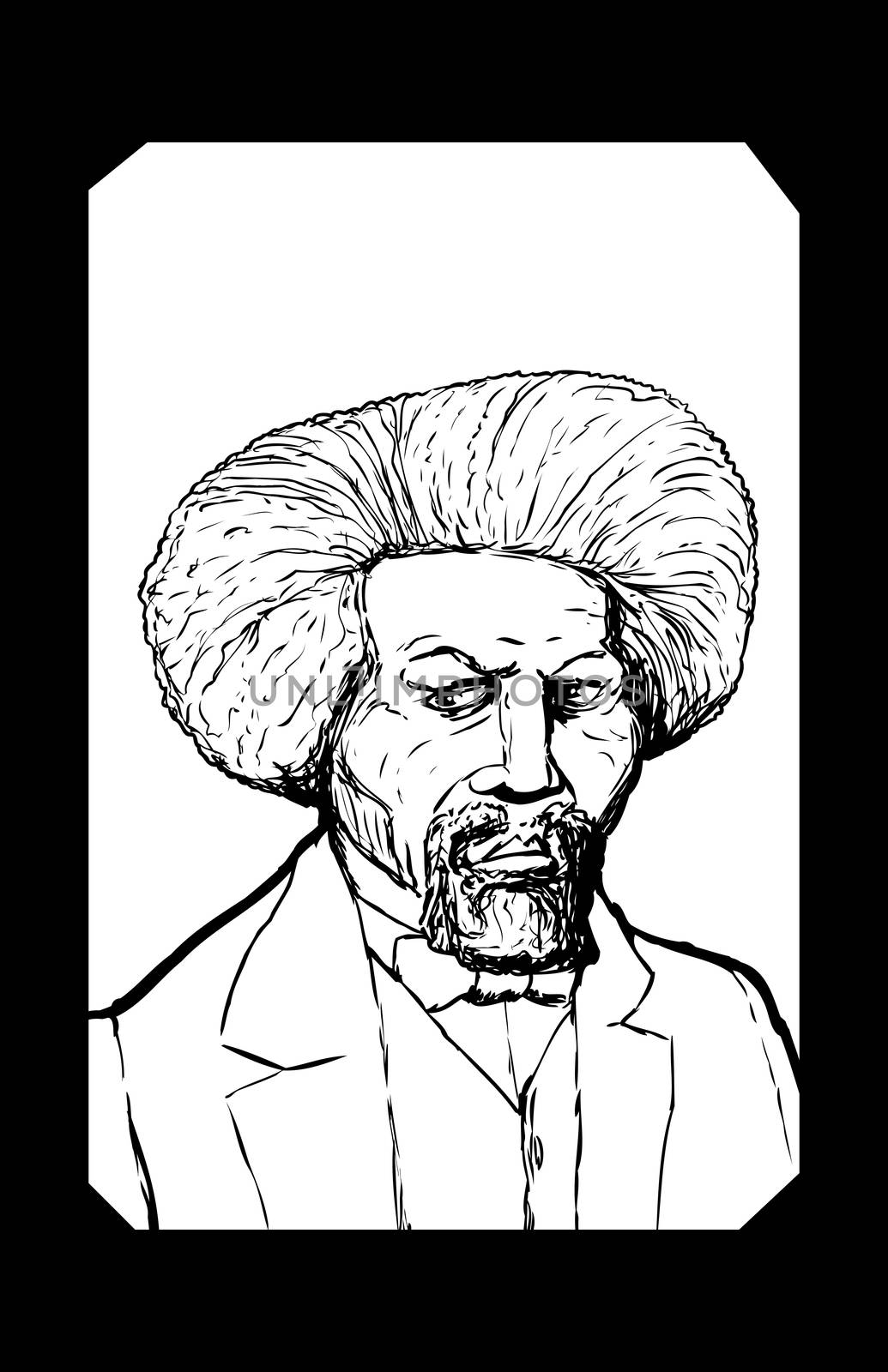 Hand drawn outline sketch portrait of famous African American leader named Frederick Douglass with black border