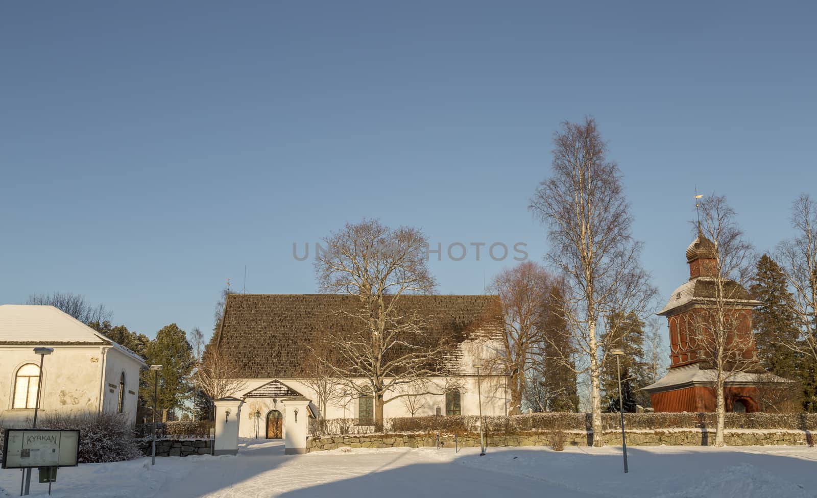 The Church in Nordmaling, Sweden in Winter time with a clear blue sky.