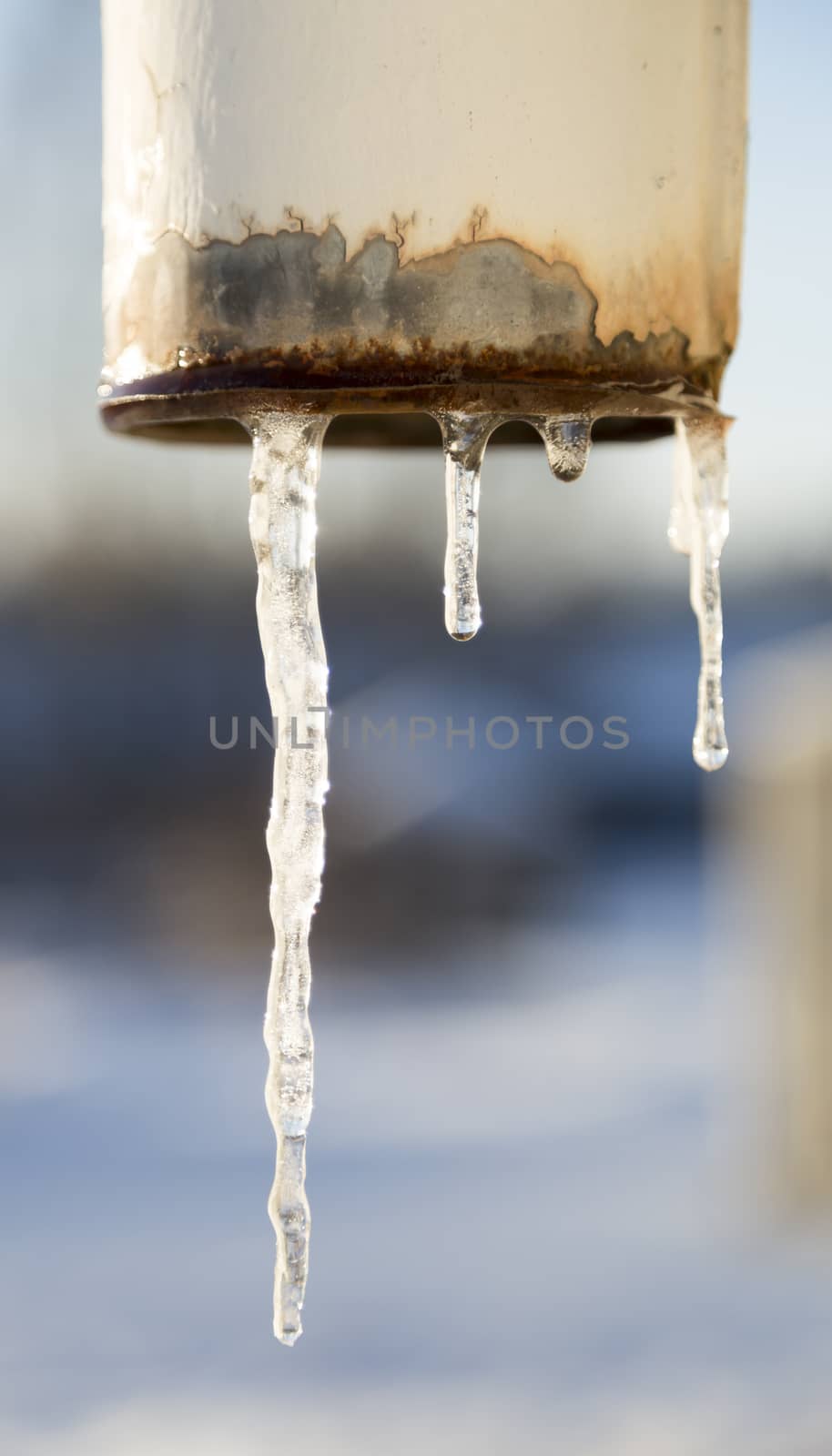 Rainwater Pipe with Icicles close up image.