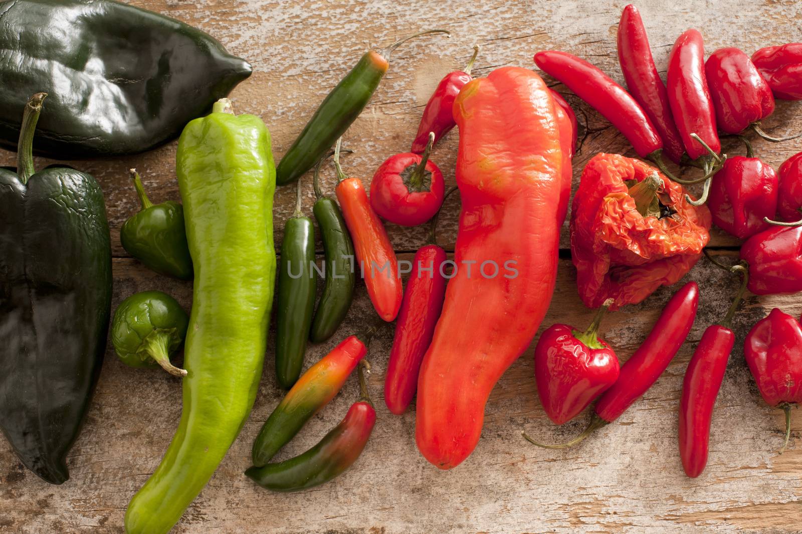 Different varieties and colors of whole fresh chili peppers arranged in a line on a wooden table with red, green and black peppers viewed from above