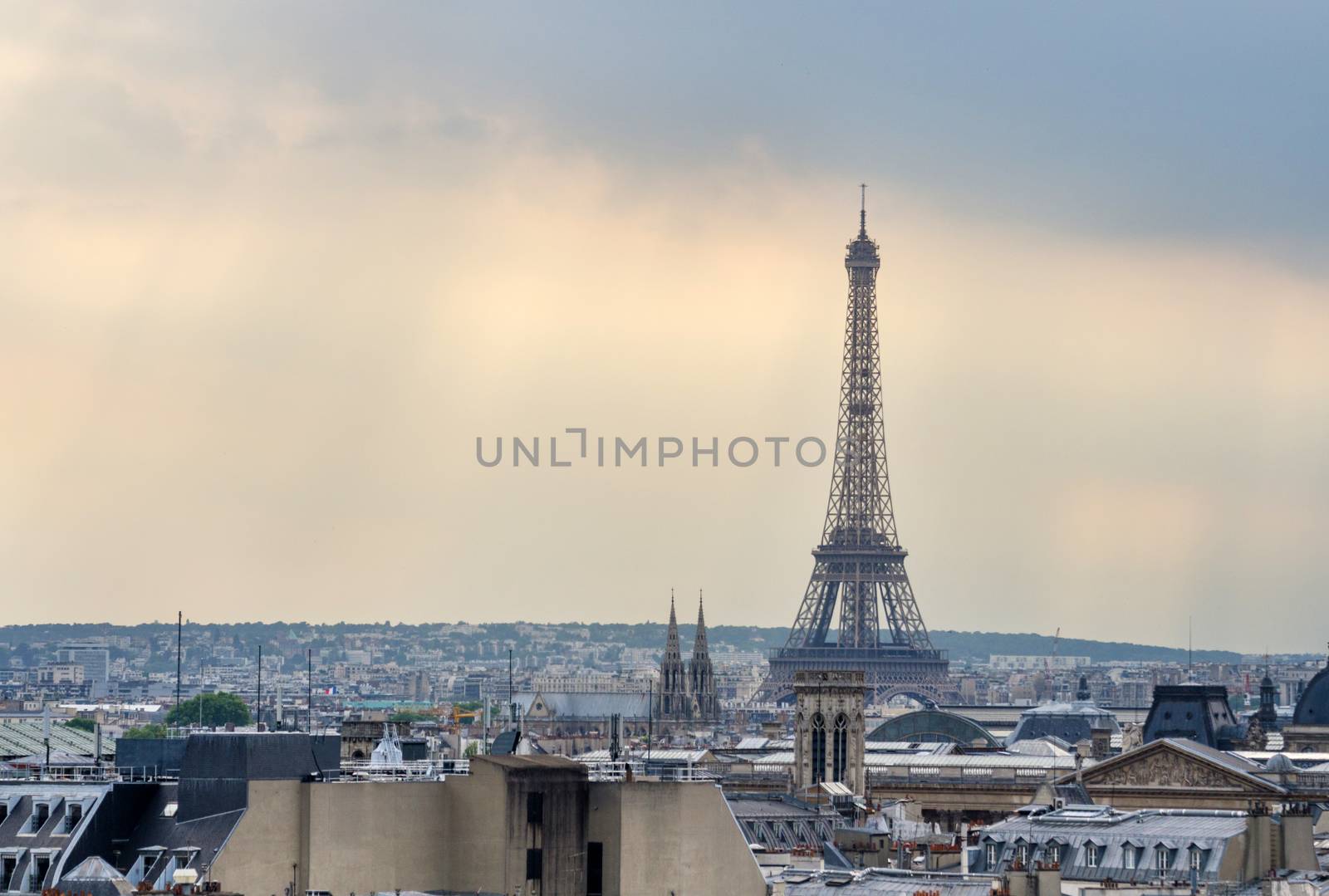 Paris Skyline and Eiffel Tower at sunset in Paris, France