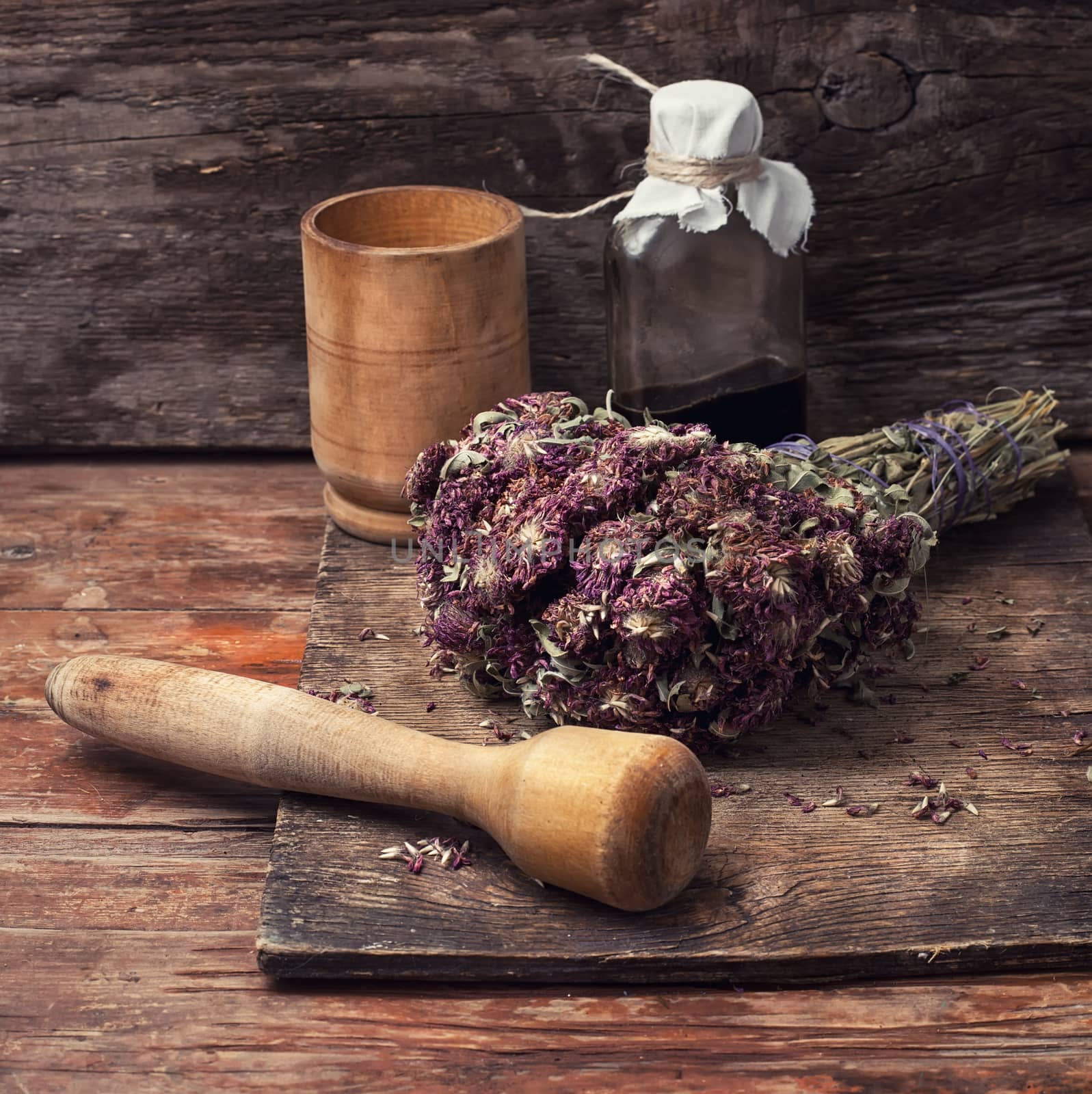 Cut  bunch medicinal plants,mortar on wooden table.Toned.