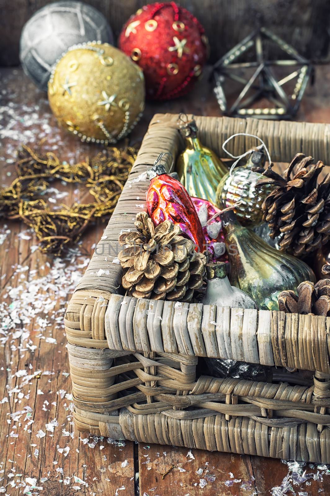 Wicker wooden box with old-fashioned Christmas toys