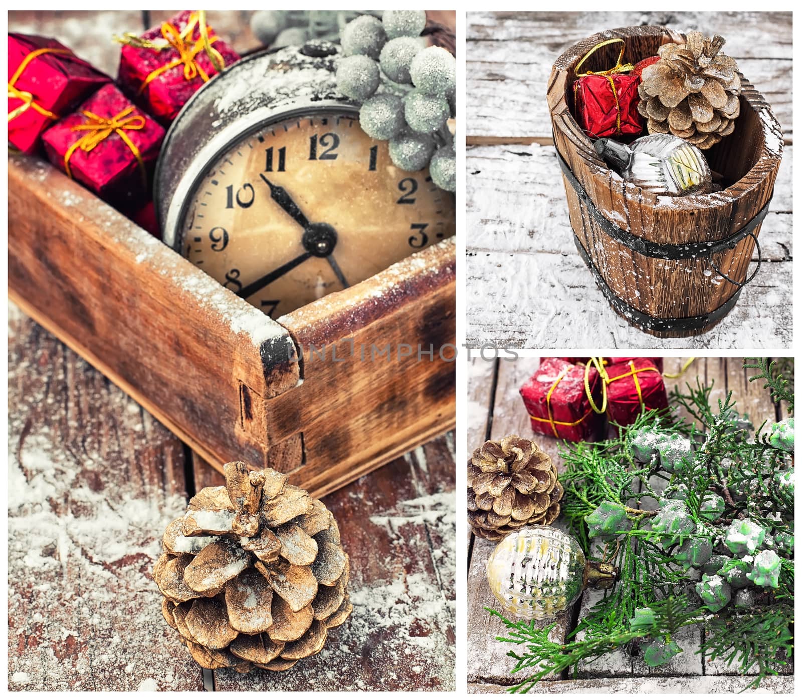 collage with Christmas decorations and an old alarm clock by LMykola