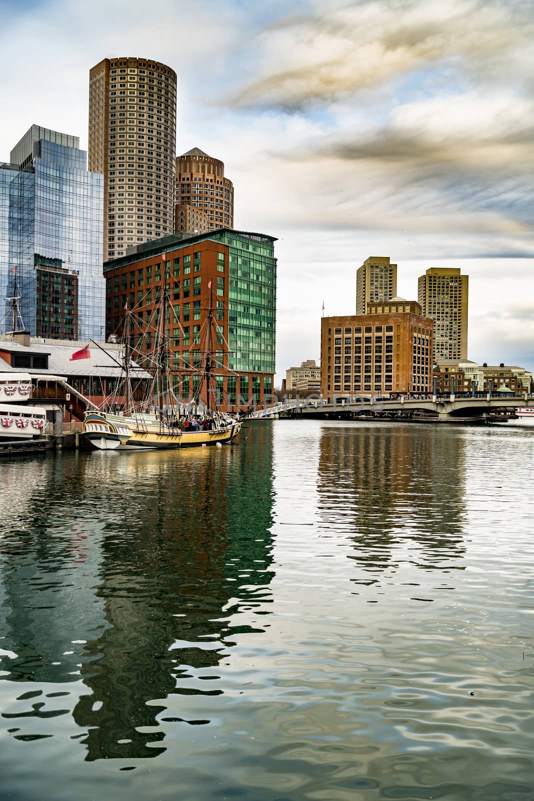 The Boston skyline, seen from across Fort Point Channel.