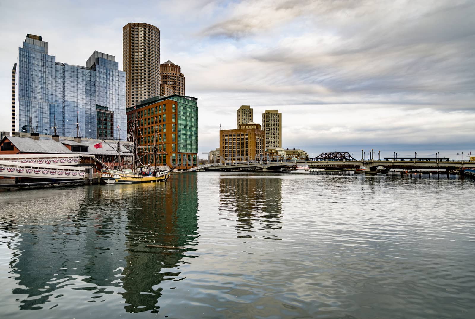 The Boston skyline, seen from across Fort Point Channel.