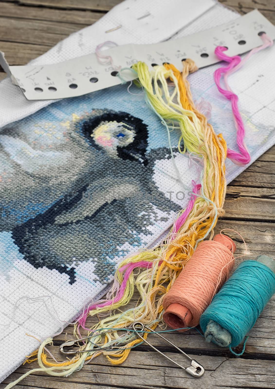 Yarn and thread for embroidering on cloth by hand on a wooden surface.Tinted