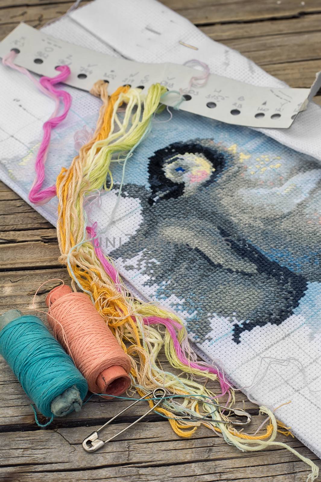 Yarn and thread for embroidering on cloth by hand on a wooden surface.Tinted