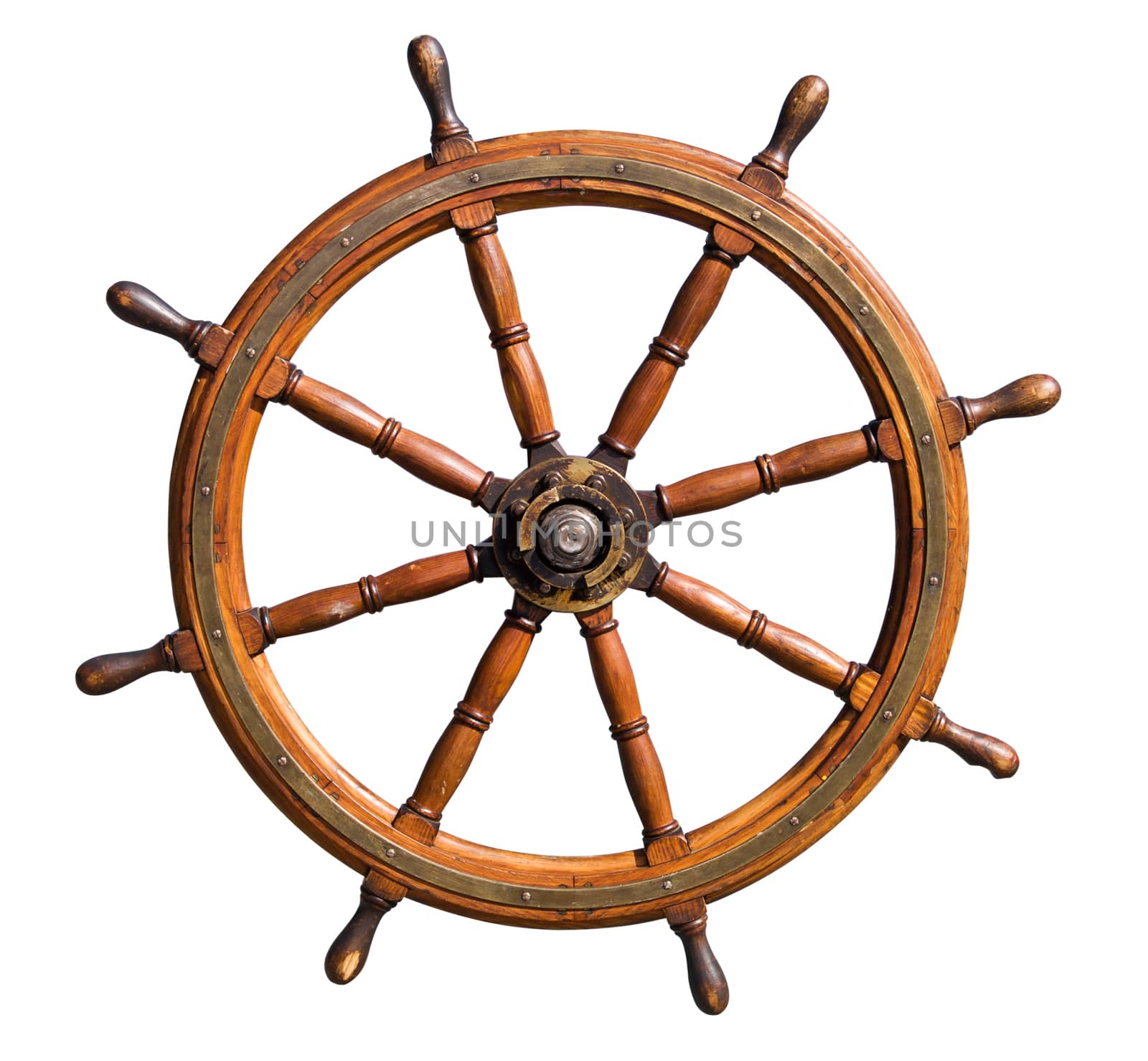 Old seasoned boat steering wheel isolated on white background. Useful for leadership and skilful management concepts.