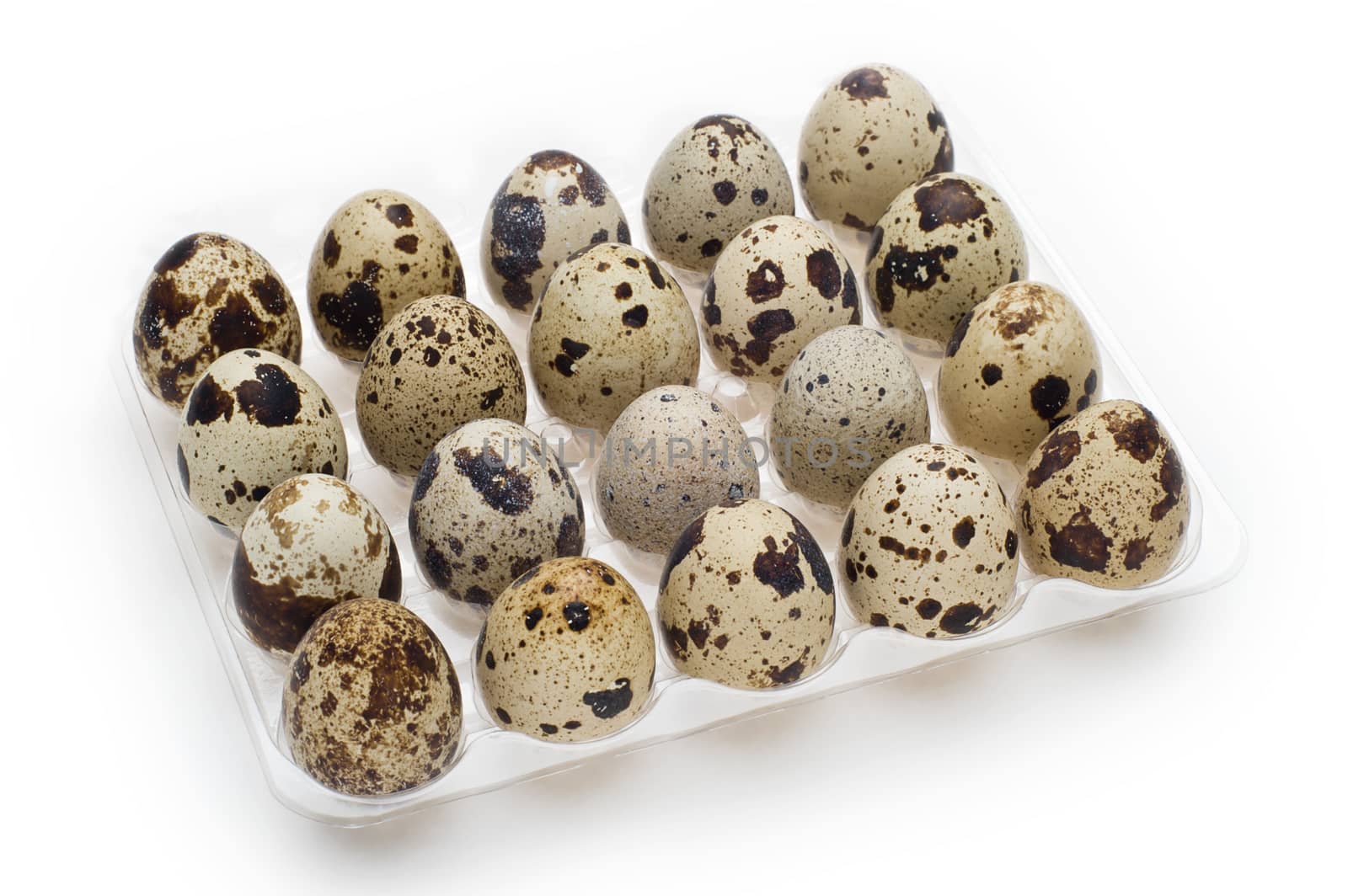 Pack of twenty diet quail eggs on white