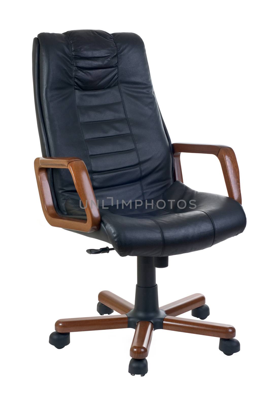 Expensive office armchair of leather and wood for executive or boss isolated on white with clipping path