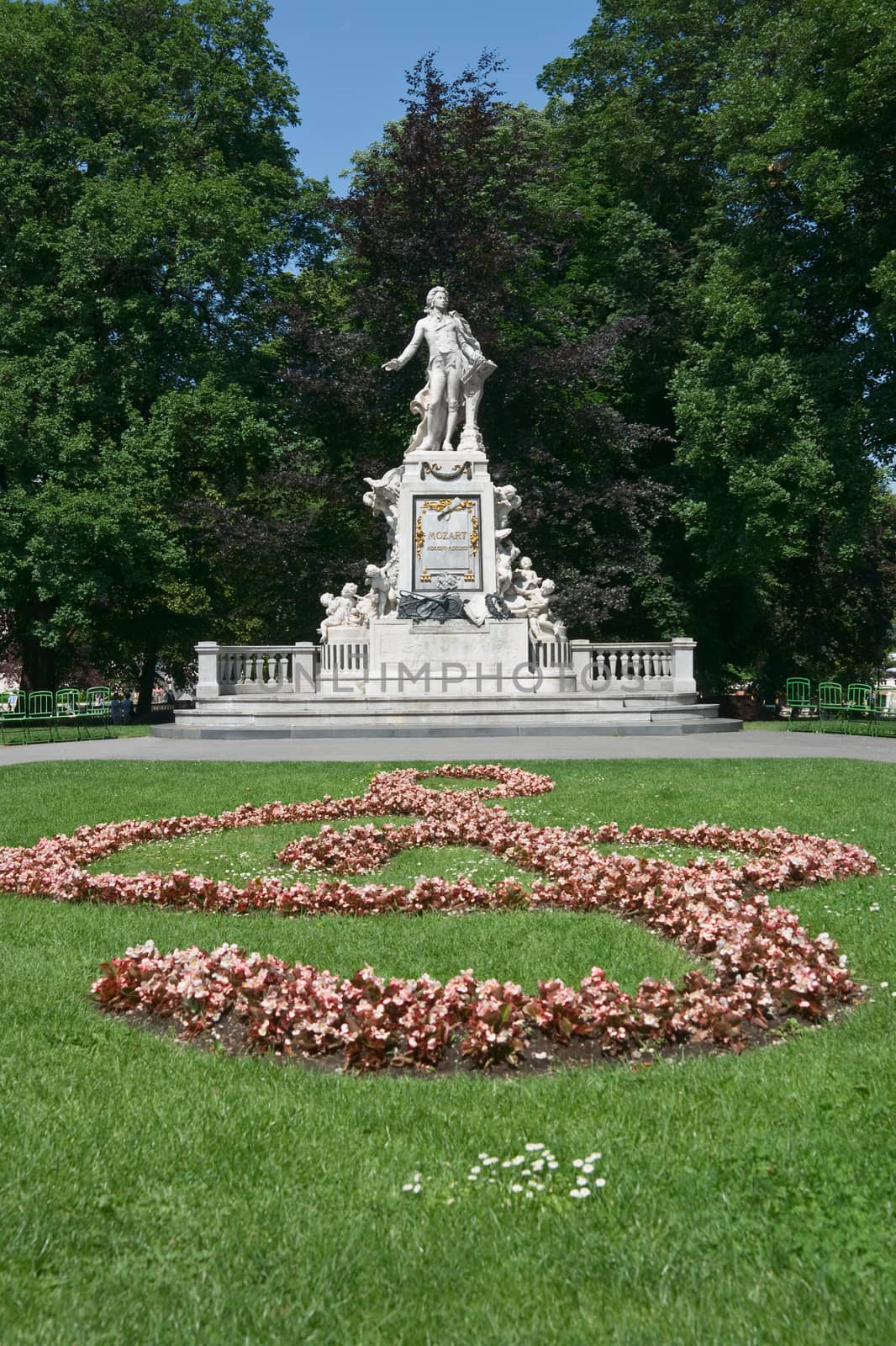 Monument to Wolfgang Amadeus Mozart in Burggarten garden, Vienna, Austria. Memorial was created by sculptor Viktor Tilgner in 1896 and now is in public domain.