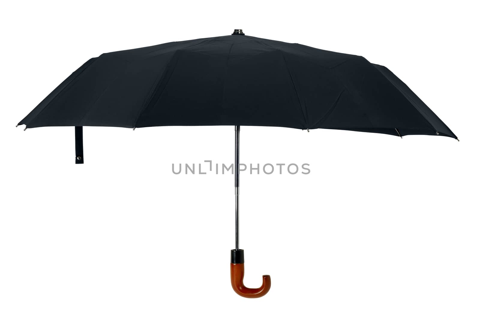 Black open gentleman umbrella with wooden hook handle isolated on white with clipping path. Side view.