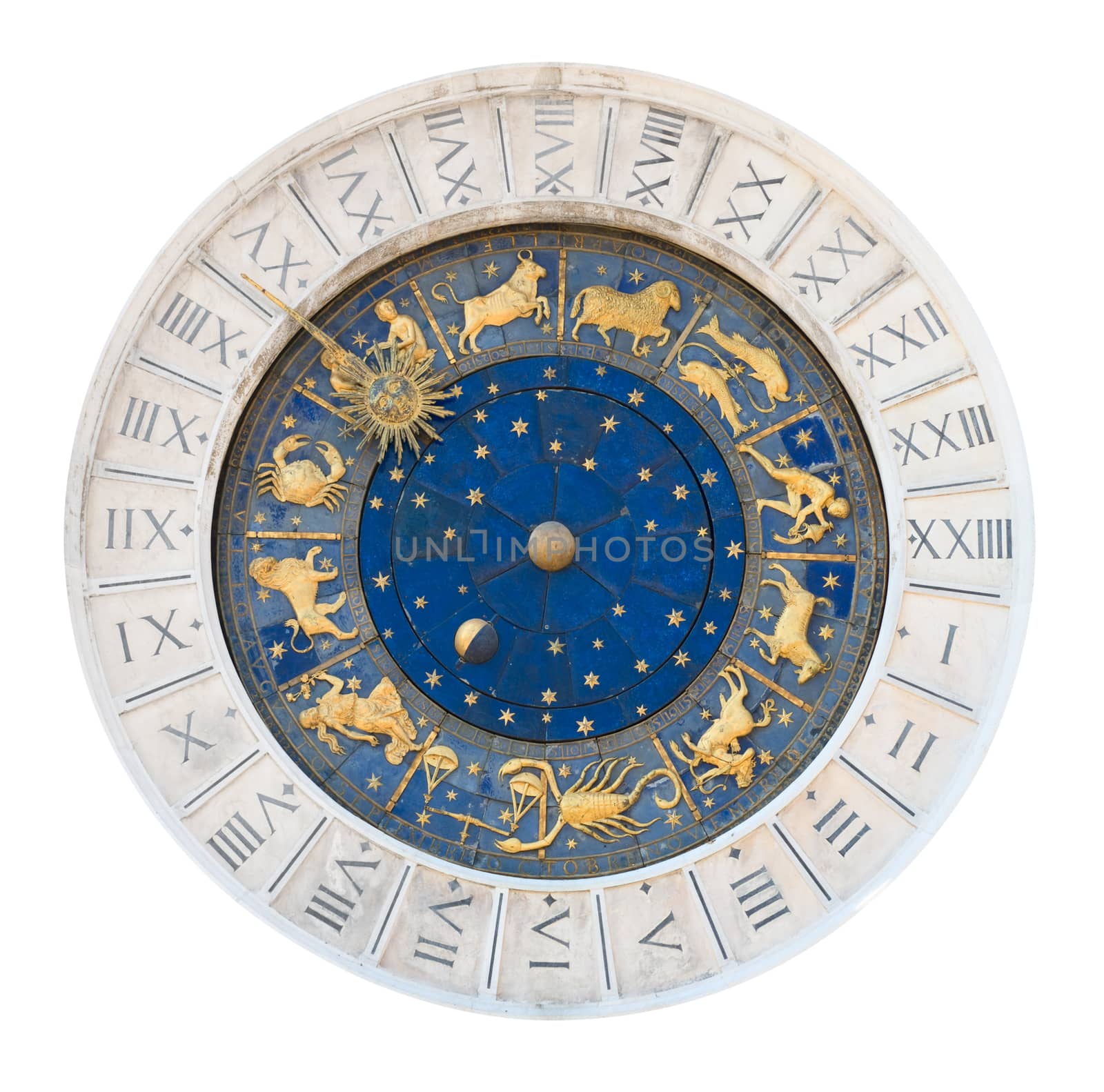 Venice clock tower dial isolated on white with clipping path. It was initially designed by Gian Carlo Rainieri in 1493 and reconstructed several times later. Local name is Torre dell'Orologio.