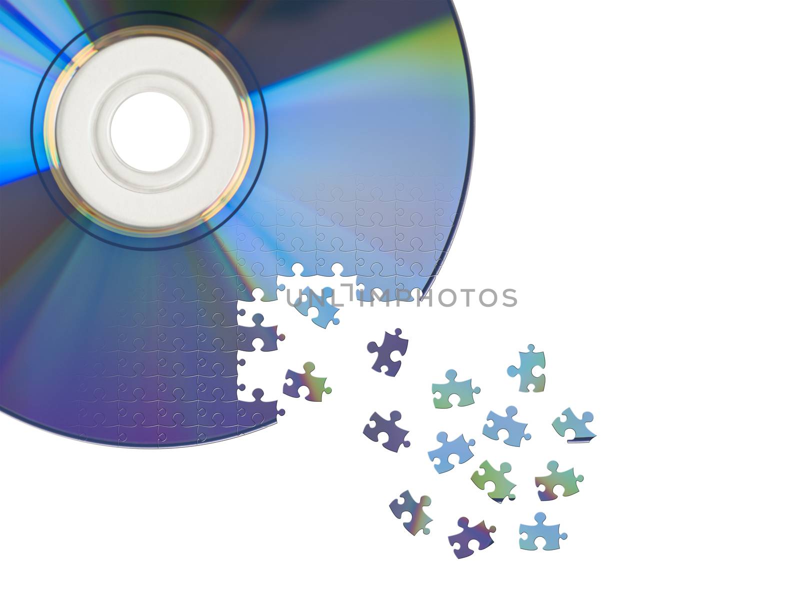 CD / DVD cut by jigsaw puzzle. Concept of data manipulation, archiving, security, encryption or decryption.