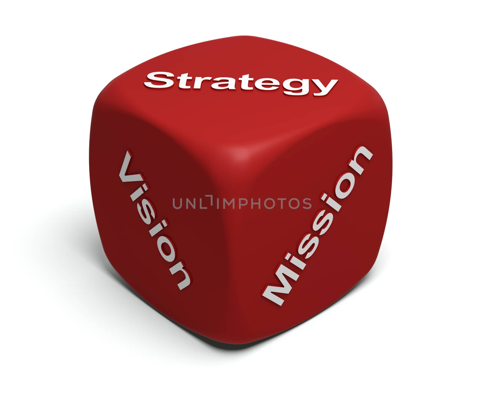 Red Dice with words Vision, Mission, Strategy on faces