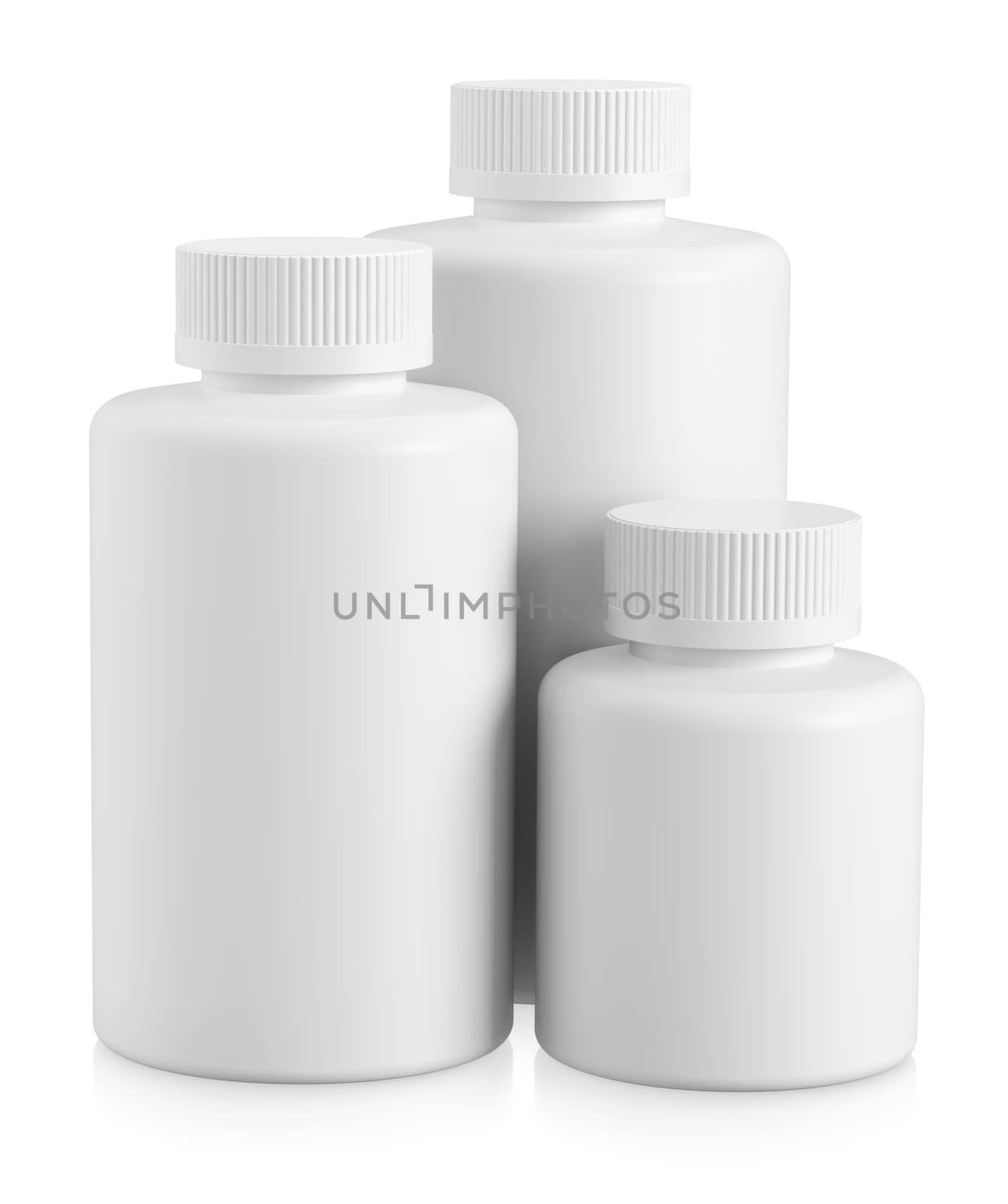 Three white plastic bottles with copy space on white background