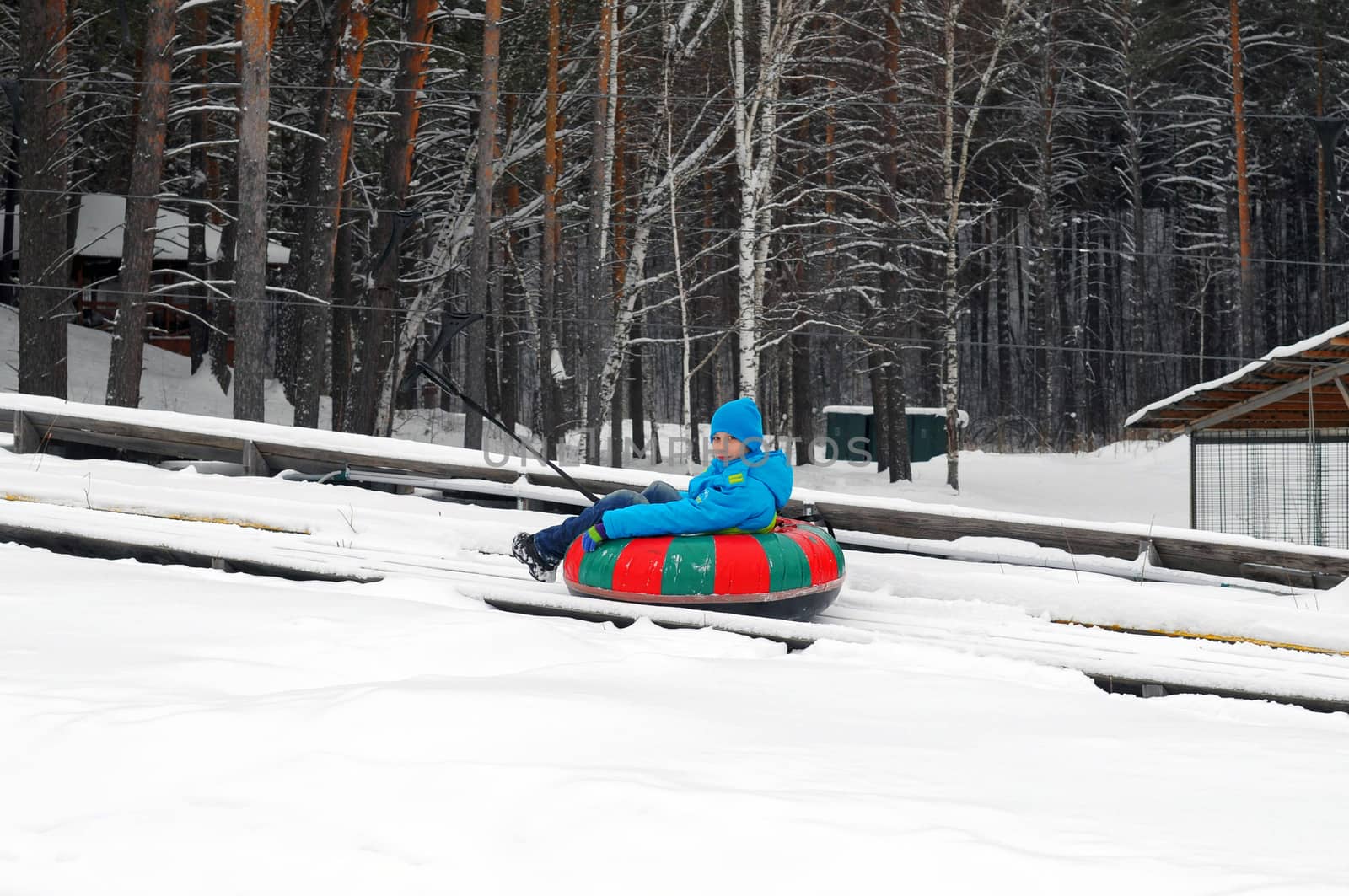 The teenage boy rides a snoutyubing in the winter