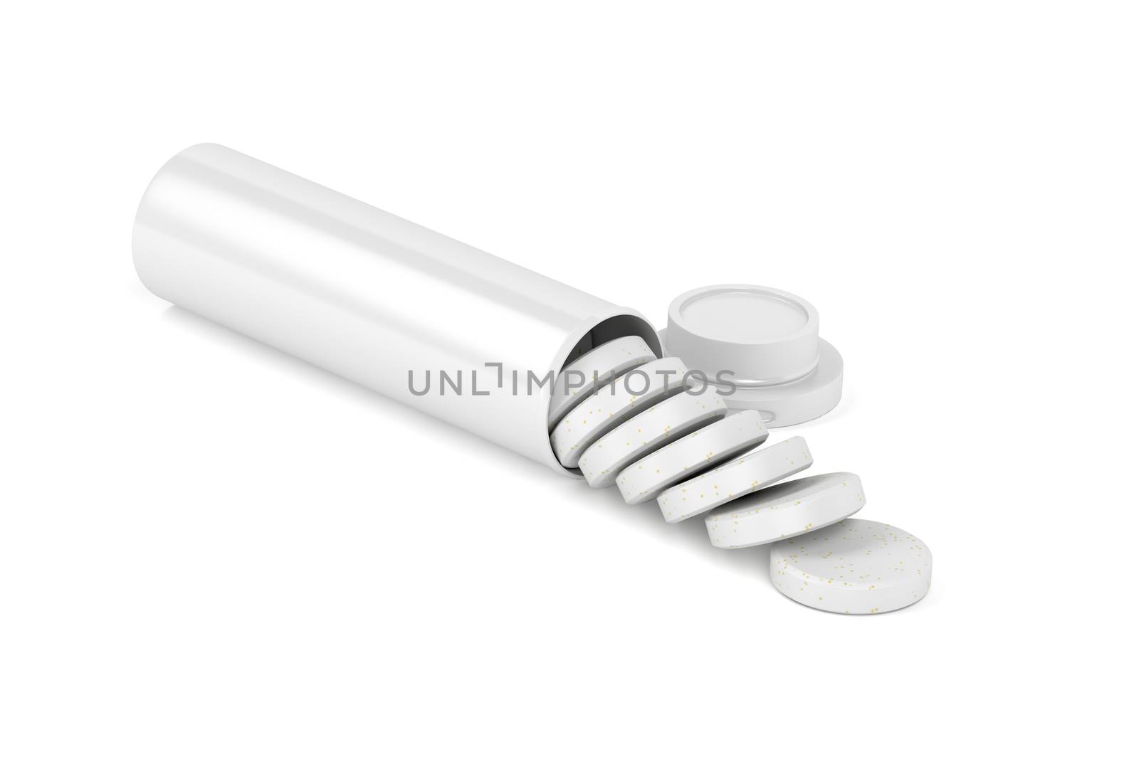 Bottle with effervescent tablets on white background