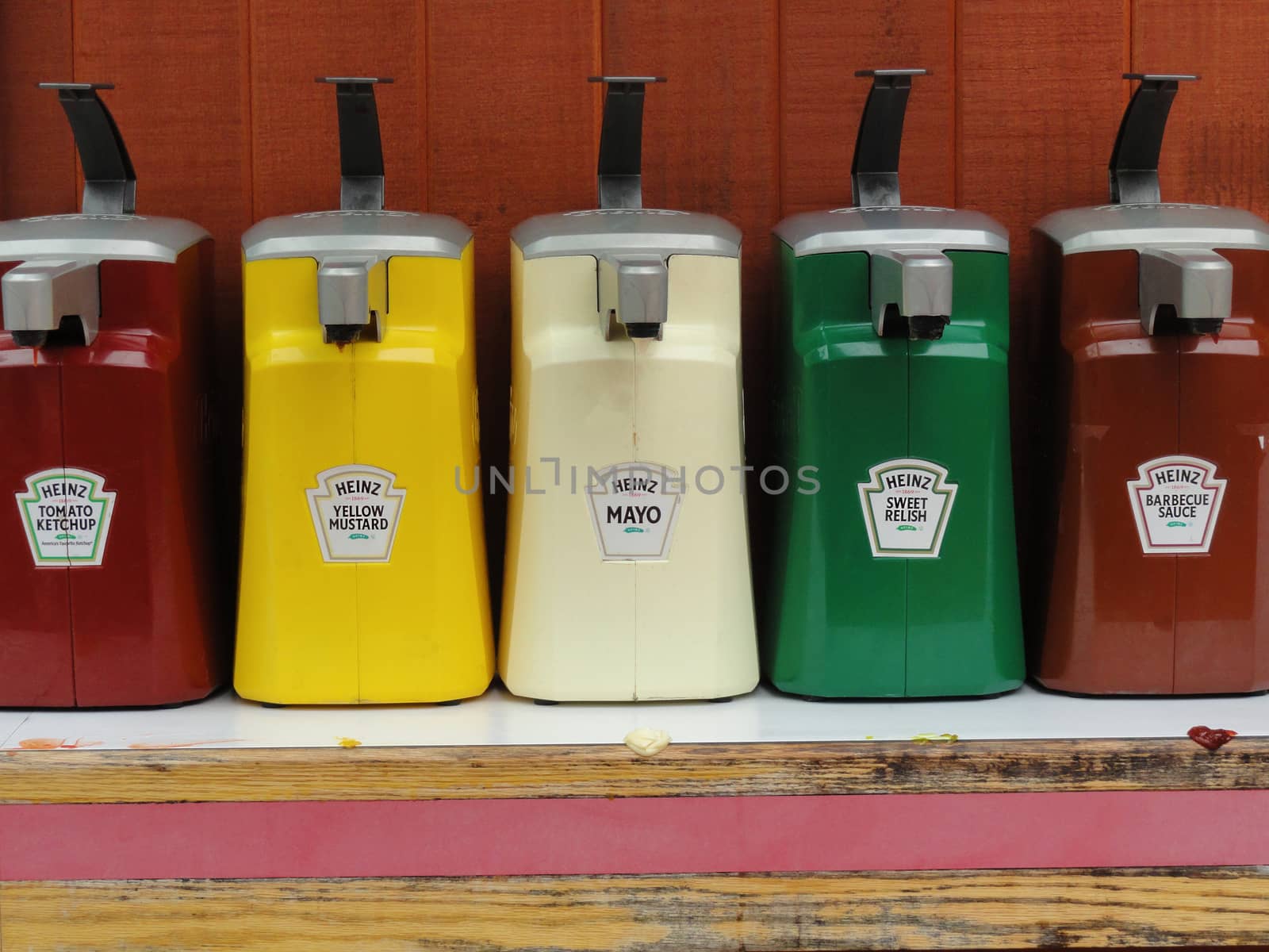 Big Sur, USA - July 24 2010: Heinz Condiments Dispenser Pack in a Fast Food Restaurant. Heinz is an American Food Company