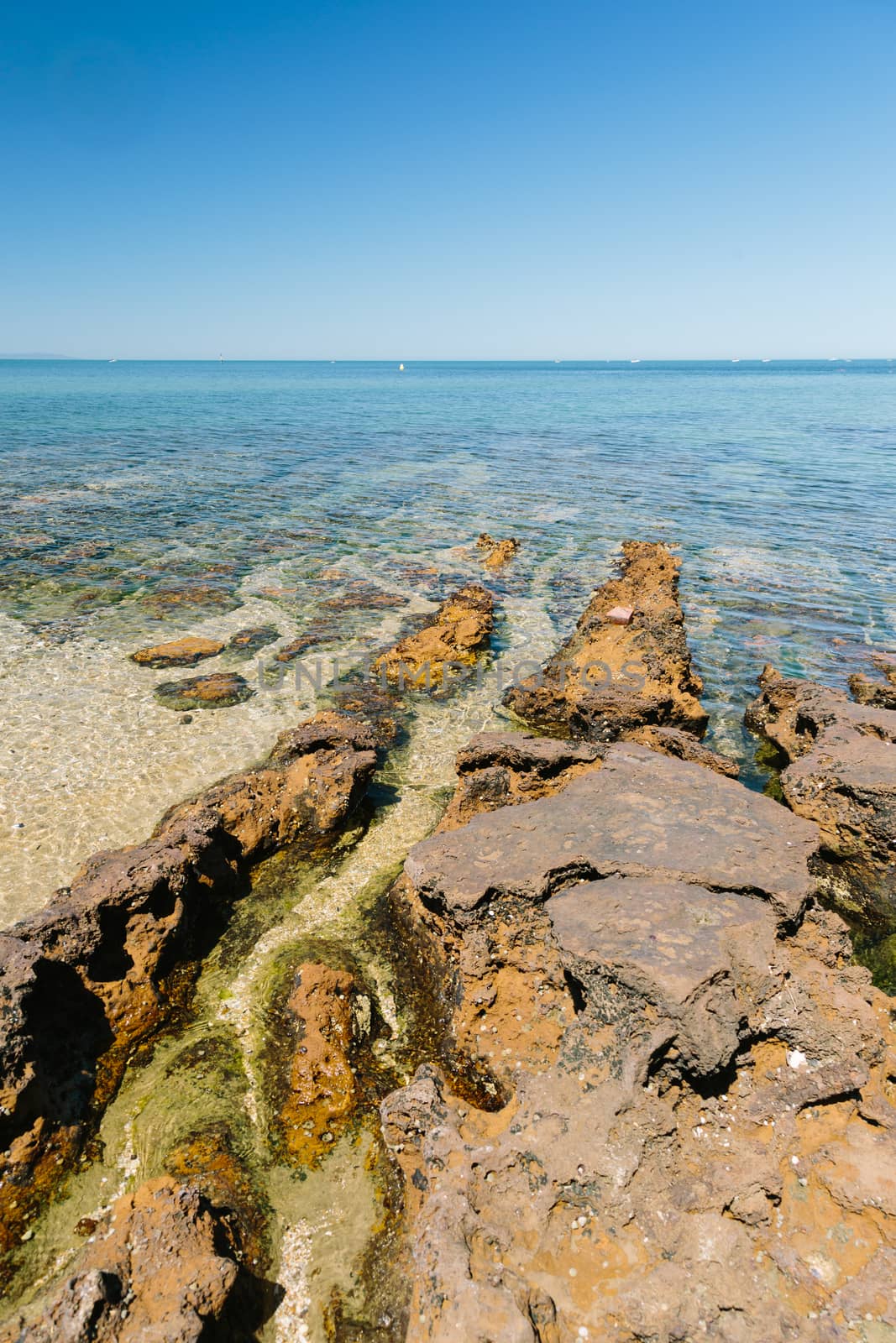 Rock formations on the beach at Ricketts Point, Melbourne, Australia.