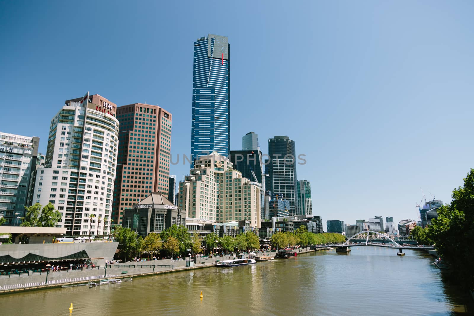 View of Melbourne Eureka Tower, the tallest building in the southern hemisphere, with the Yarra River in the foreground.