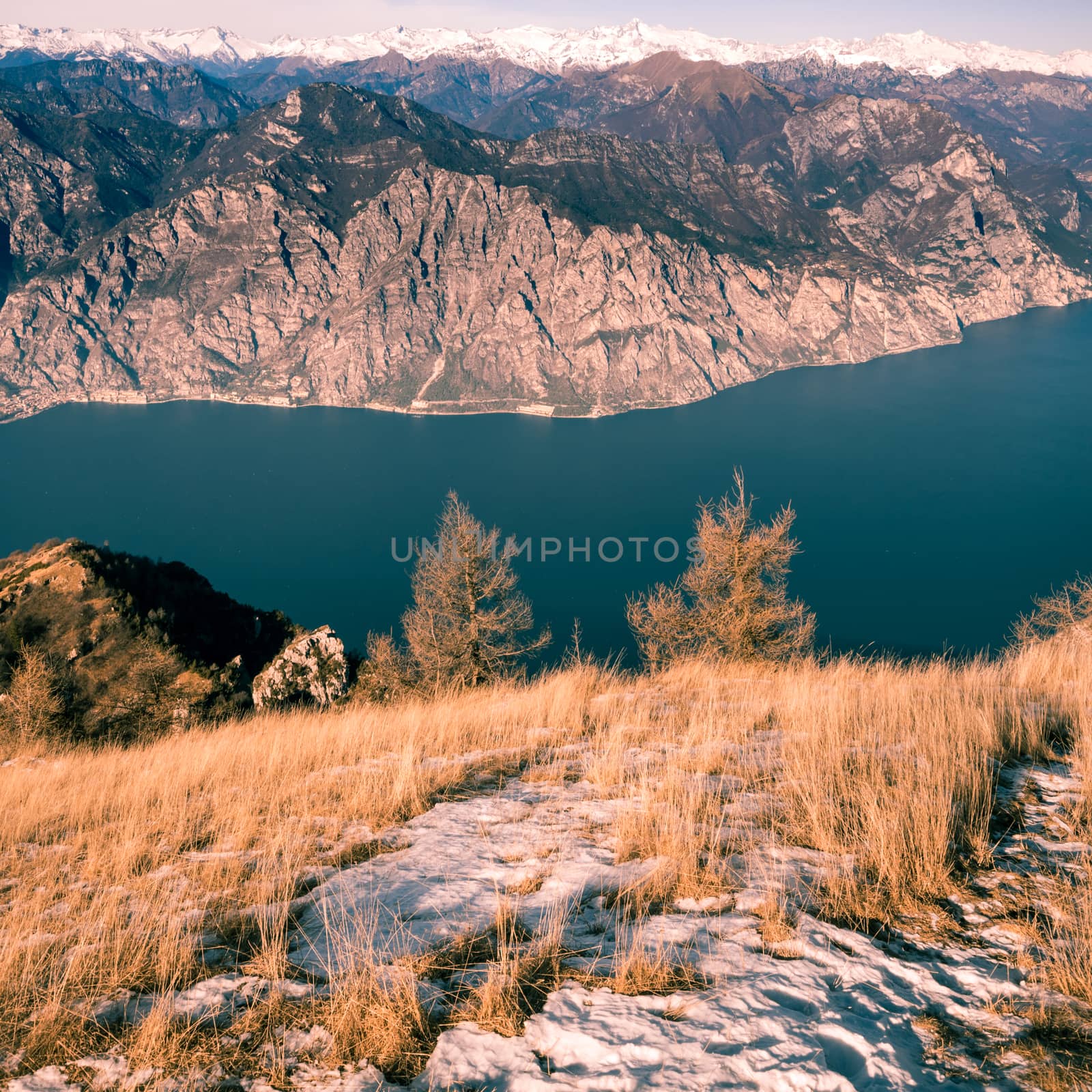 Panorama of Lake Garda (Italy) seen from the top of Mount Baldo.