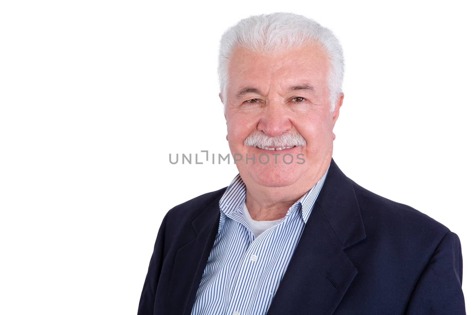 Single handsome smiling white haired and mustached man with unbuttoned collar and blue blazer over white background