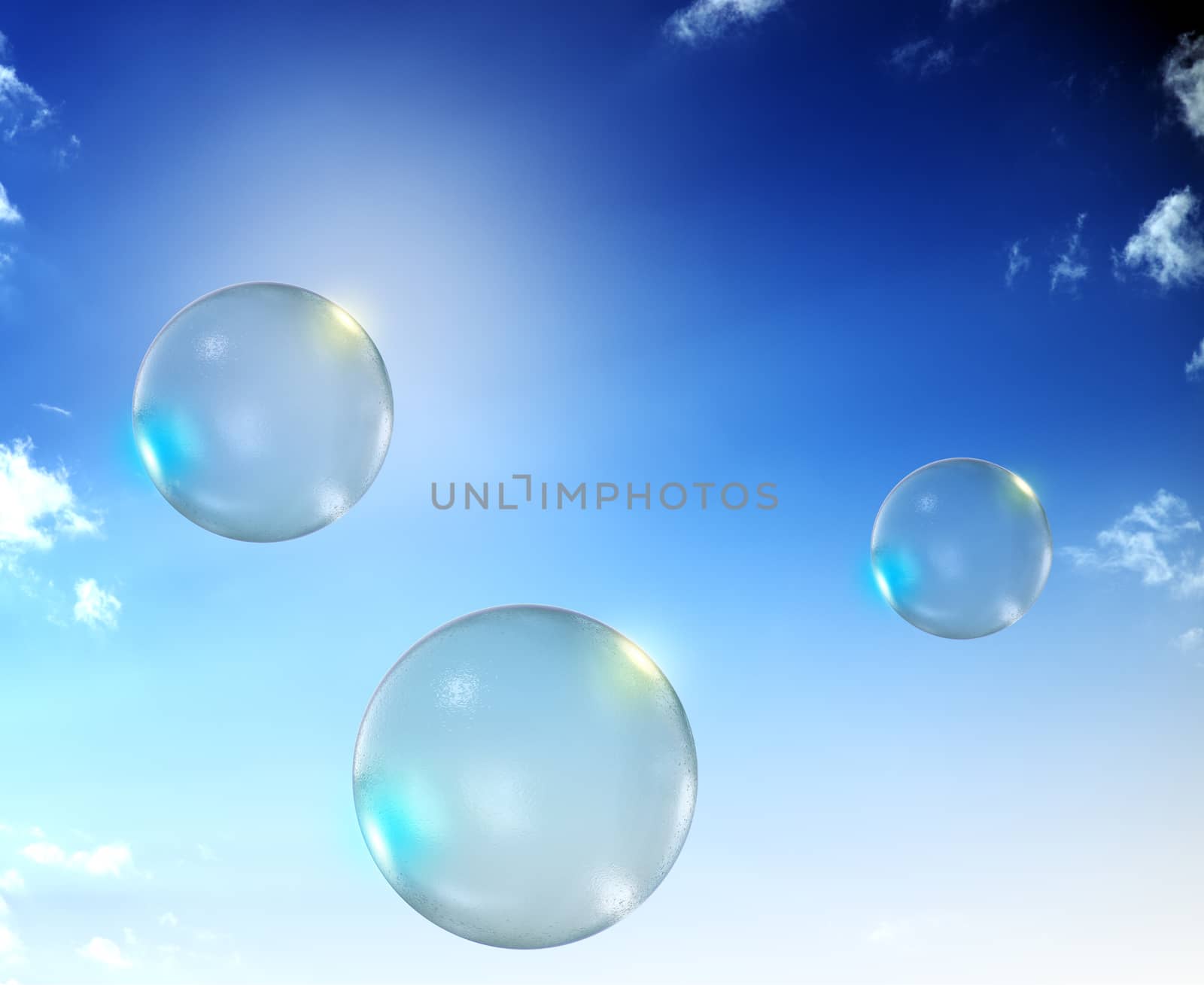Bubbles in blue sky with clouds and sun