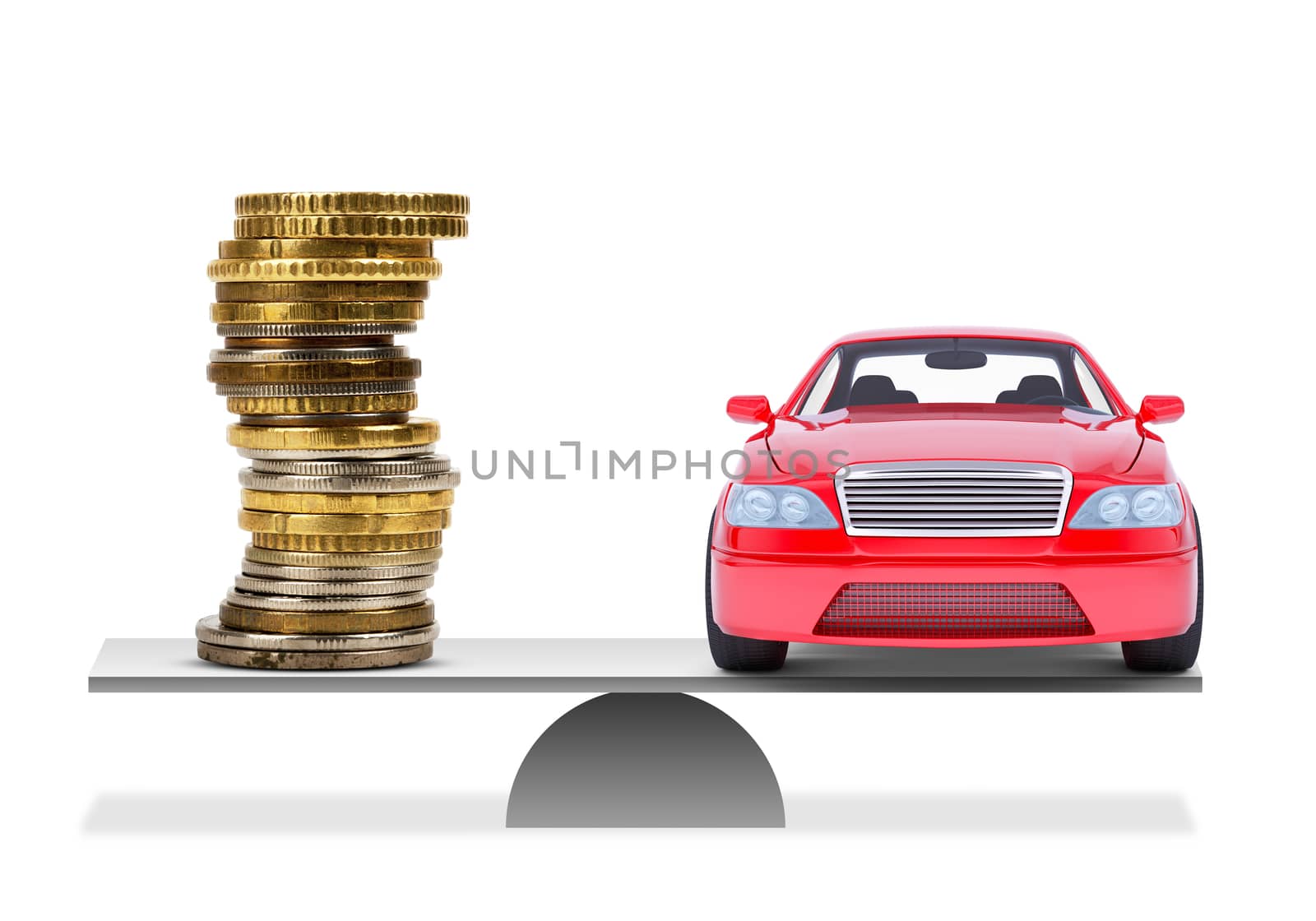 Coins and car on scales isolated on white background, balance concept